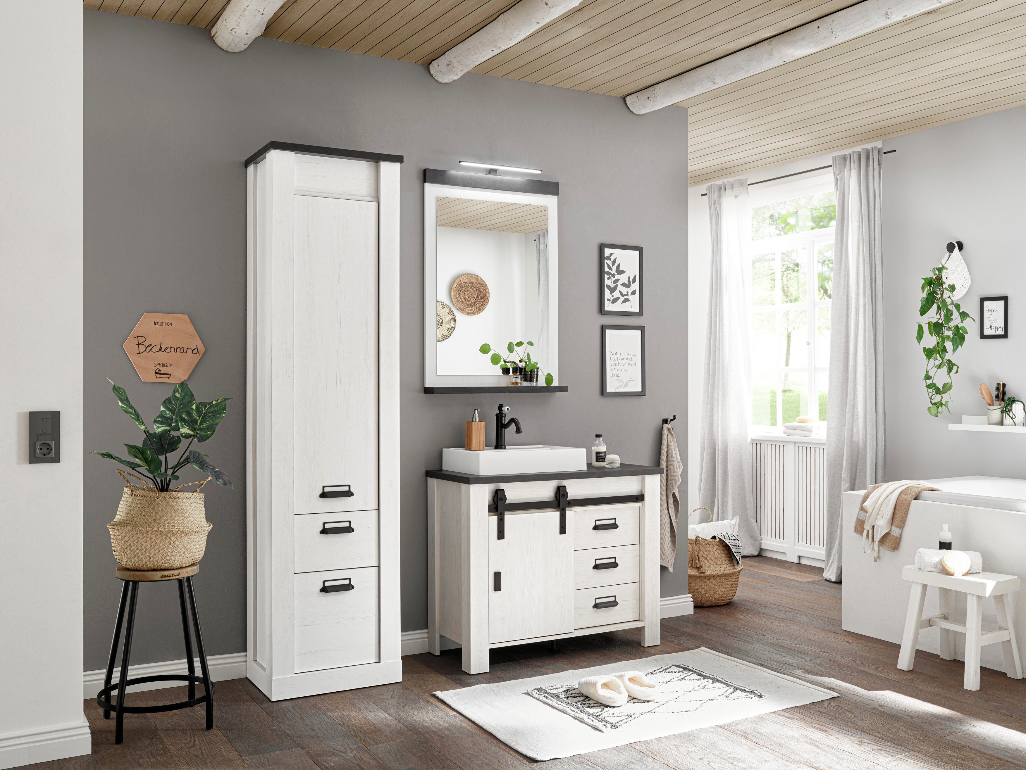 Home affaire Wastafelonderkast Sherwood Hout, schuurdeurbeslag en apothekersgrepen van metaal, hoogte 91 cm (1 stuk)
