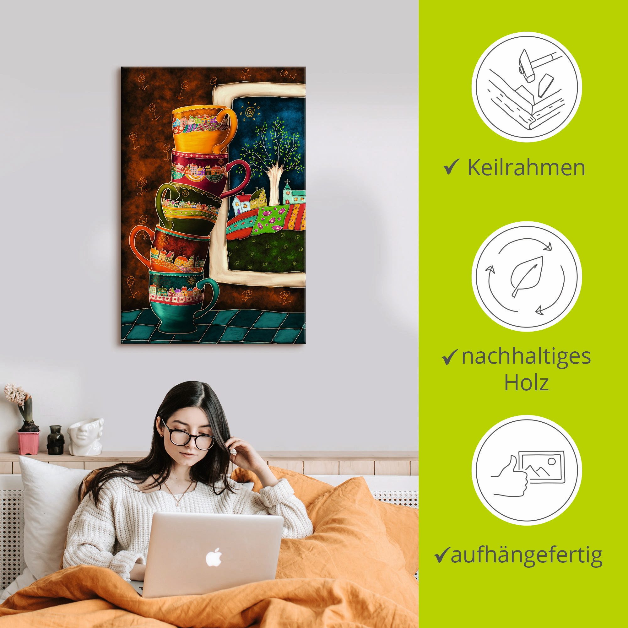 Artland Artprint Vrolijke koffiekopjes als artprint van aluminium, artprint voor buiten, artprint op linnen, poster, muursticker