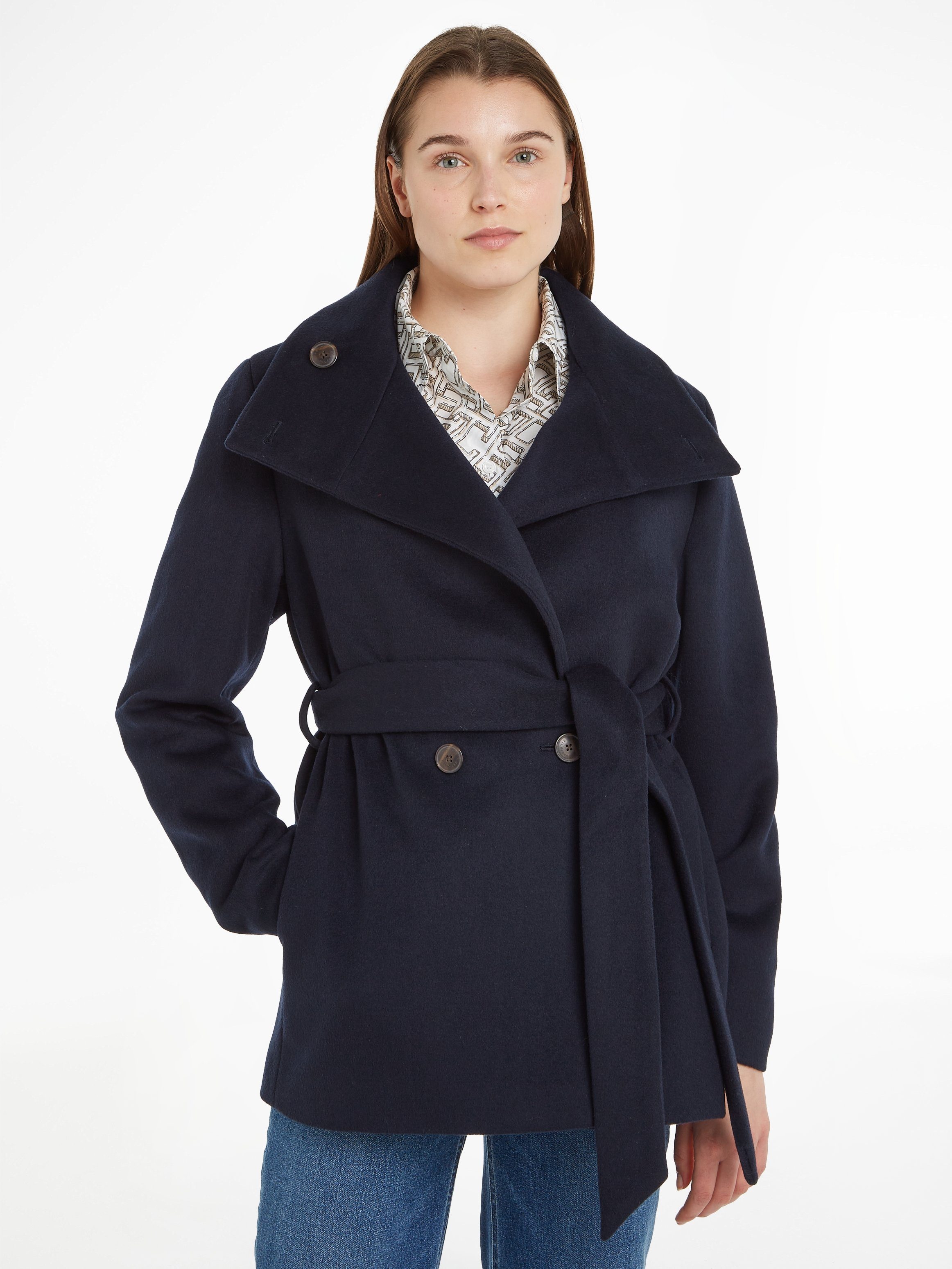 Tommy Hilfiger Outdoorjack WOOL BLEND DB BELTED FUNNEL JKT met metalen tommy hilfiger-label