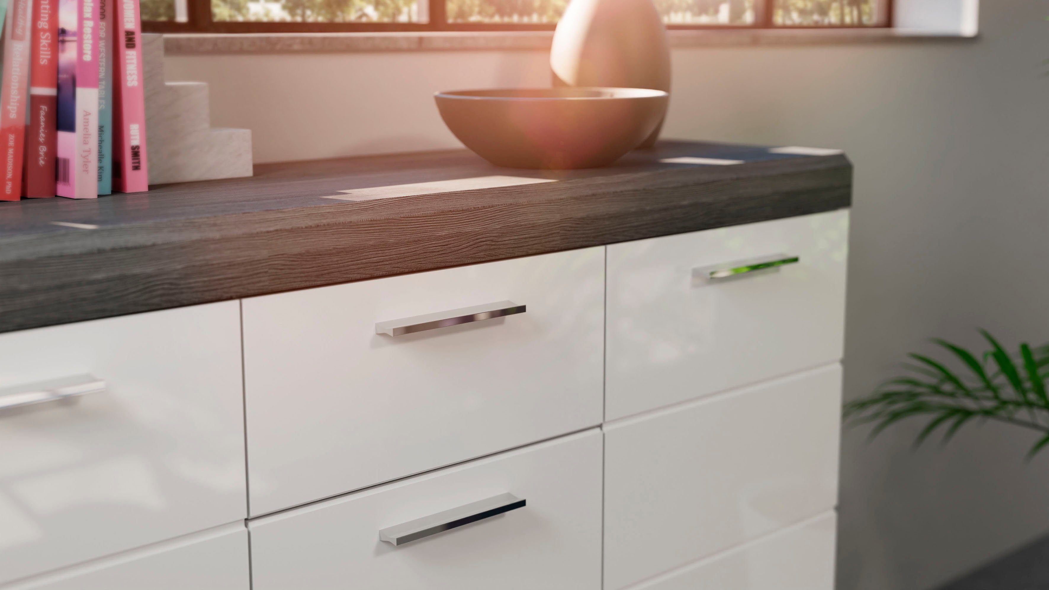 INOSIGN Kast Siena, breedte 165 cm, 4 deuren, 4 lades, 8 legplanken, 12 vakken Front-groeffreesing, schoenenkommode, schoenenkast, buffetkast, sideboard