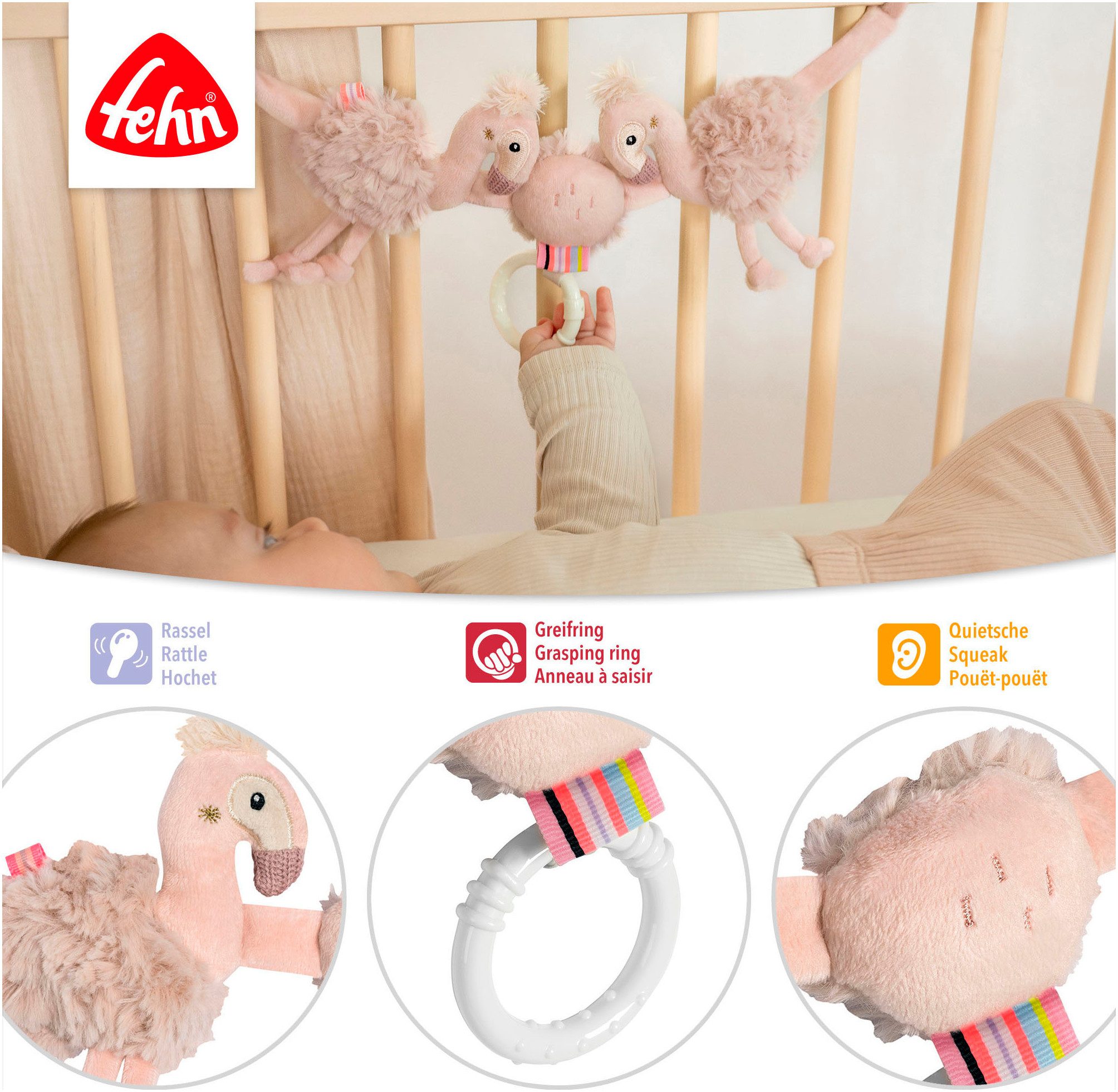 Fehn Kinderwagenketting Lazy, Crazy & Pink, Kinderwagenketting Flamingo