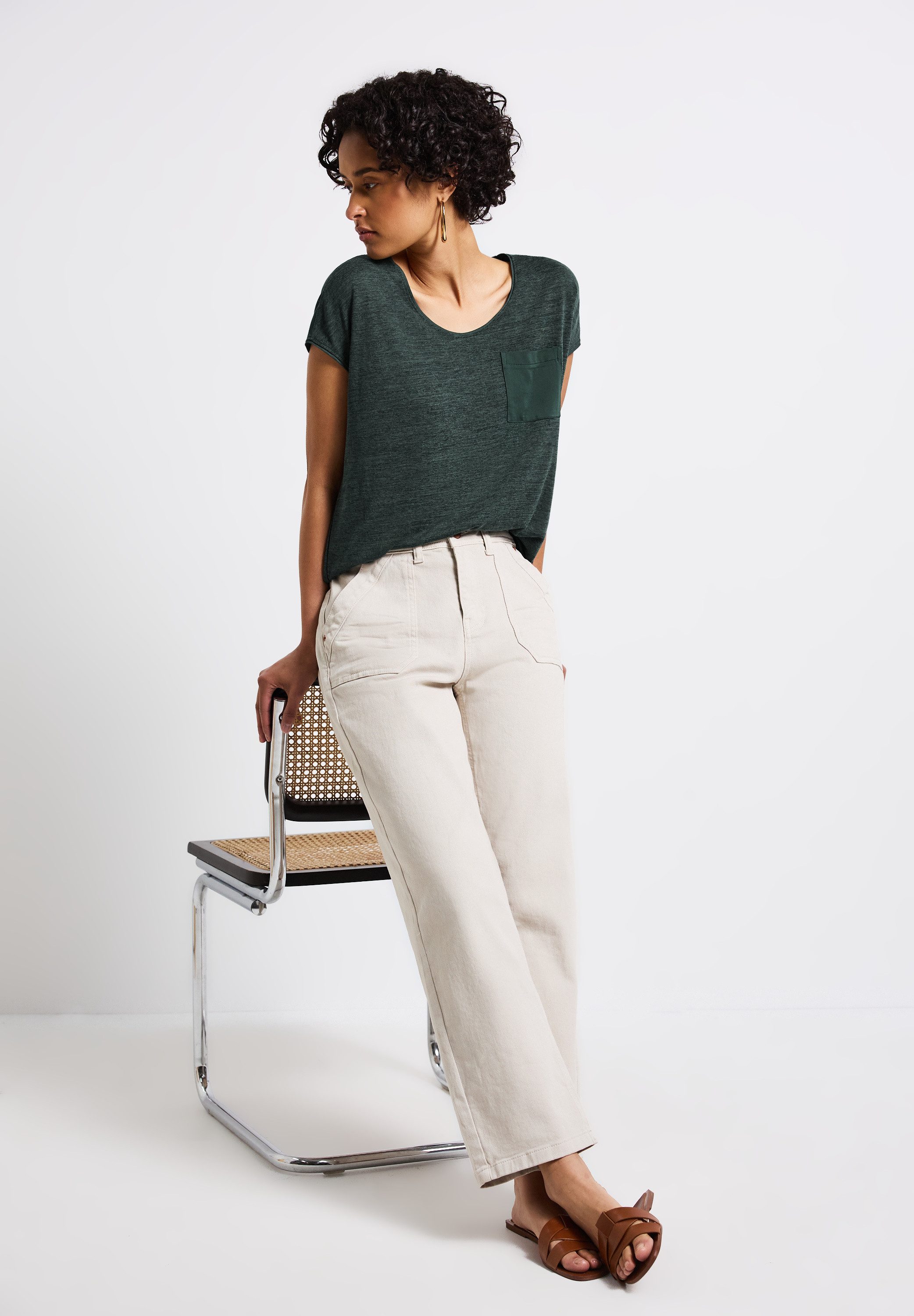 STREET ONE T-shirt in linnen-look en met borstzak