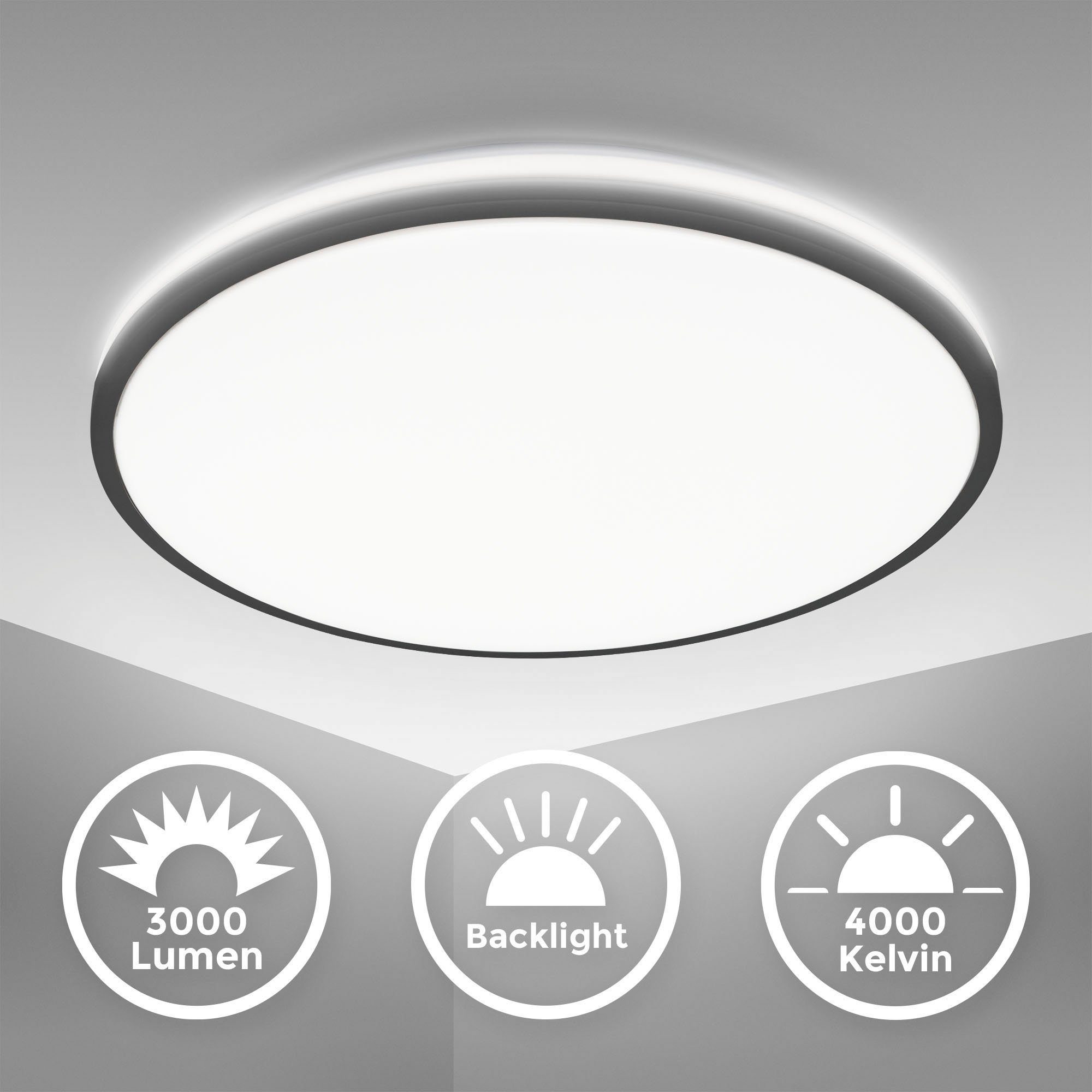 B.K.Licht Led-plafondlamp BK_DL1536 Plafondlamp, Ø38cm, neutraal wit licht, achtergrondverlichting, 24W (1 stuk)