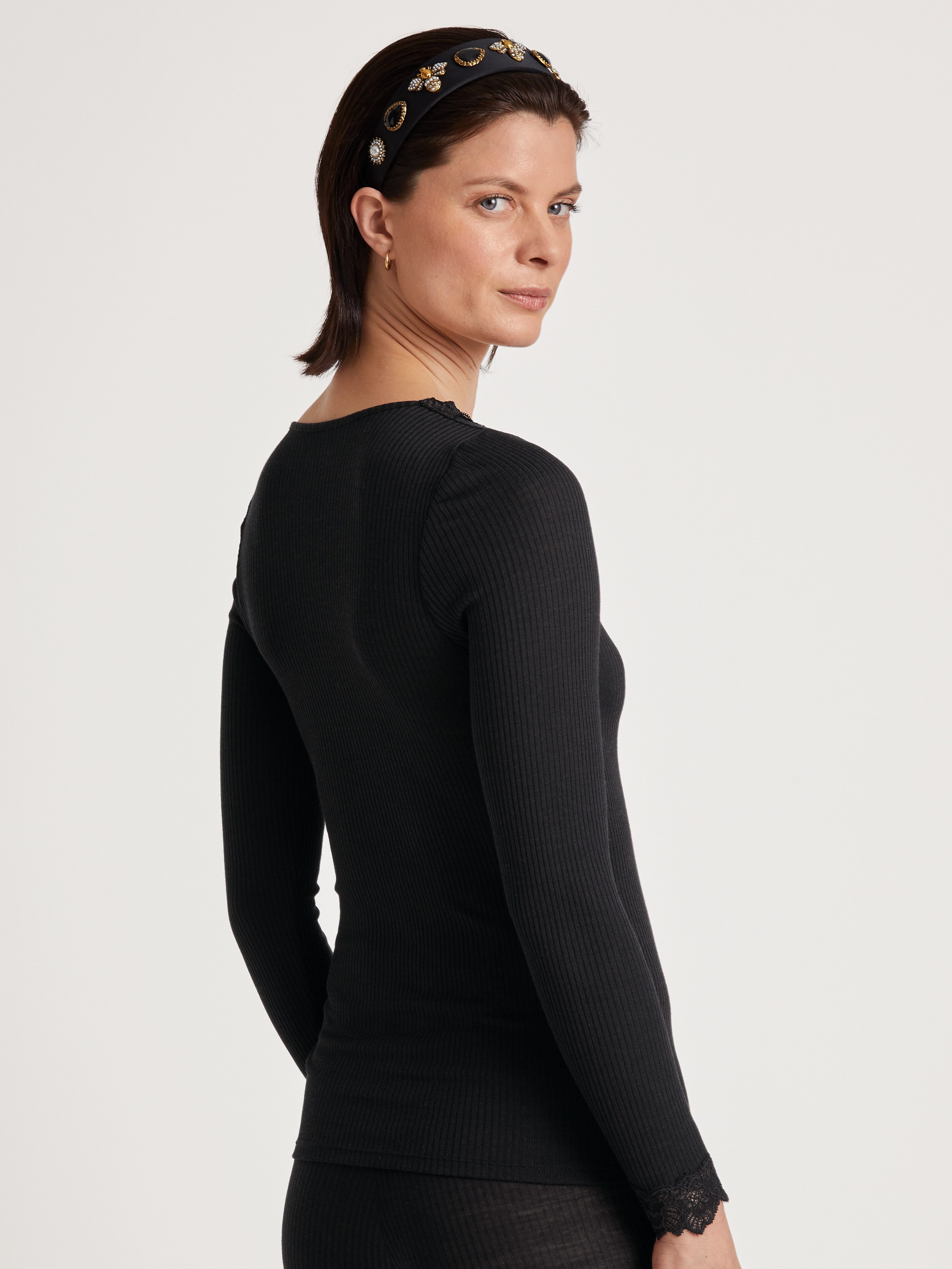 CALIDA Shirt met lange mouwen Silky Wool Joy met kant aan de halslijn en boorden