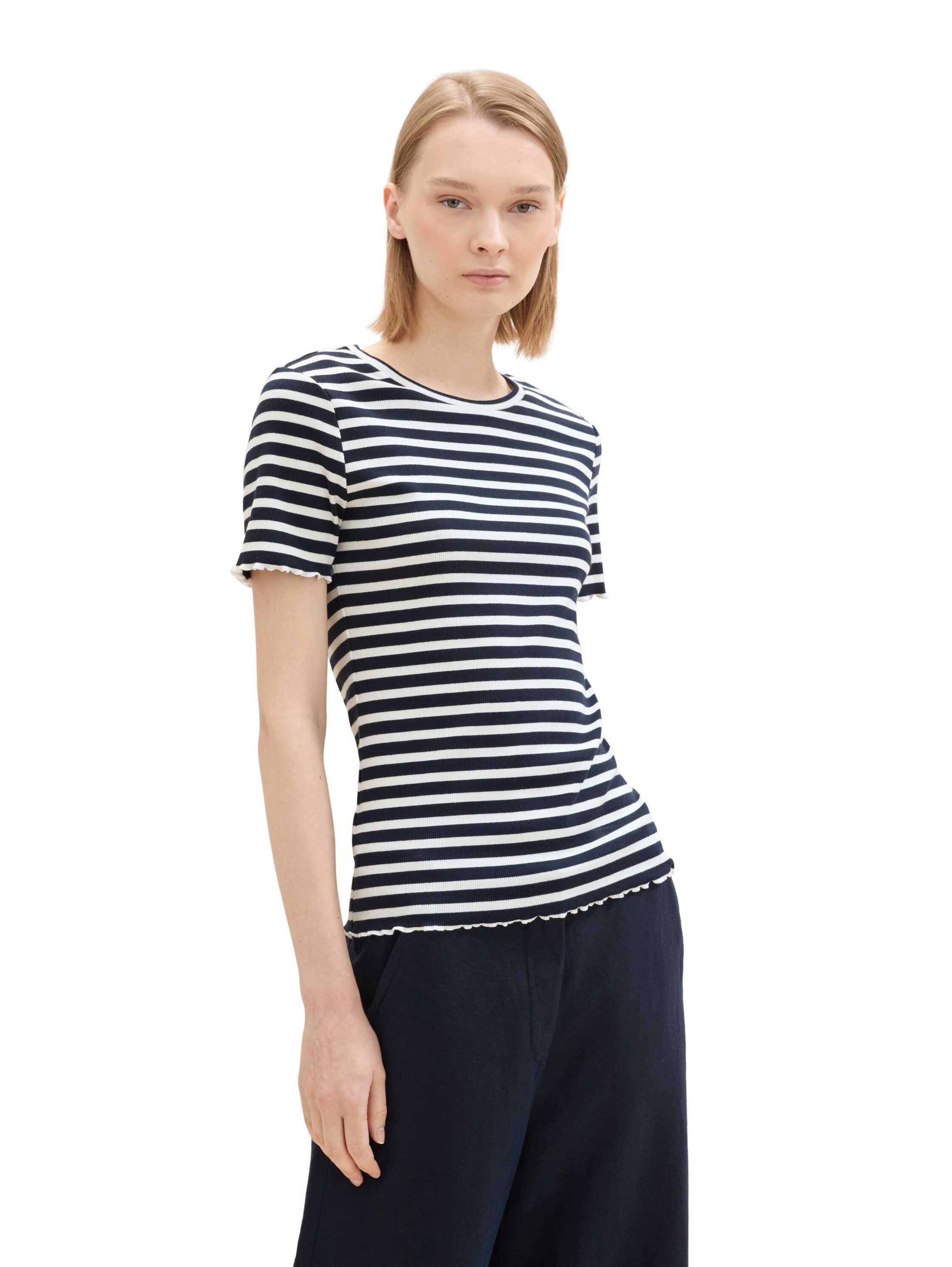 Tom Tailor Denim T-shirt in duo-pack met ribstructuur en gekrulde randen (set, 2-delig)