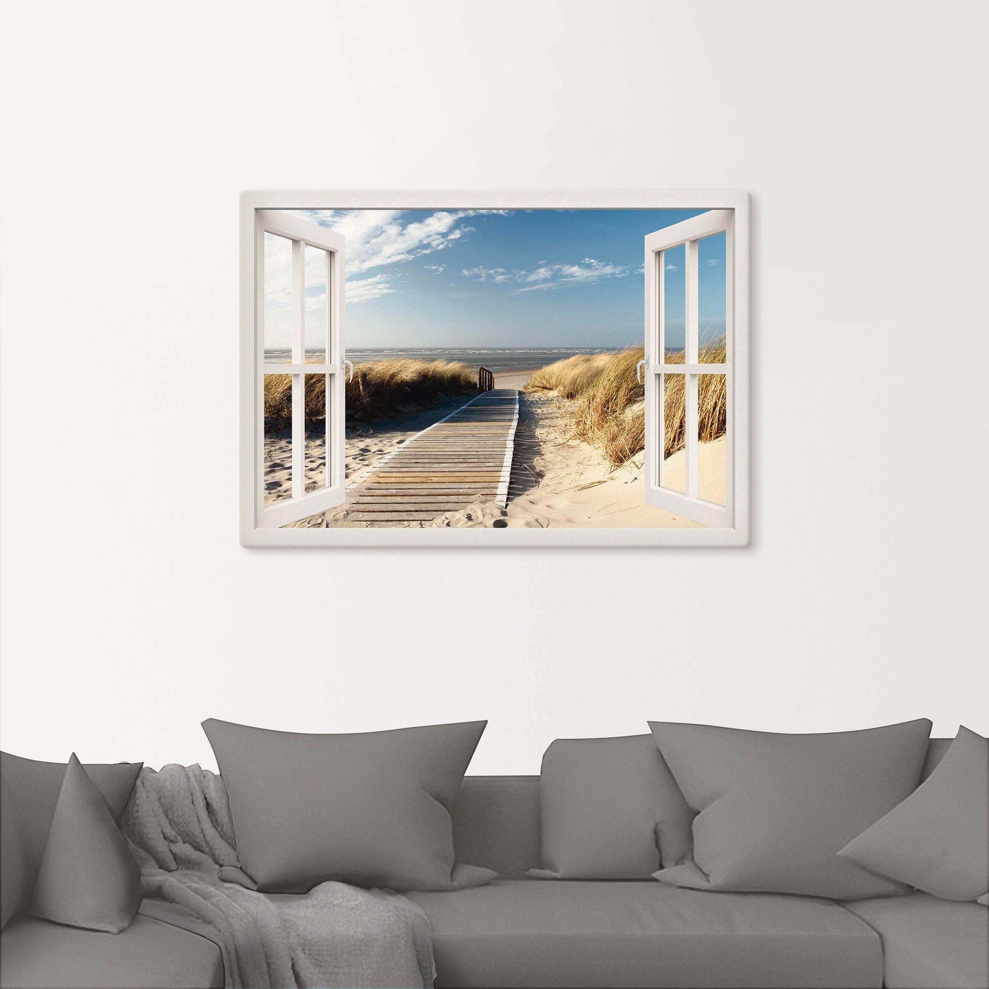 Artland Artprint Blik uit het venster Noordzeestrand op Langeoog als artprint op linnen, poster, muursticker in verschillende maten