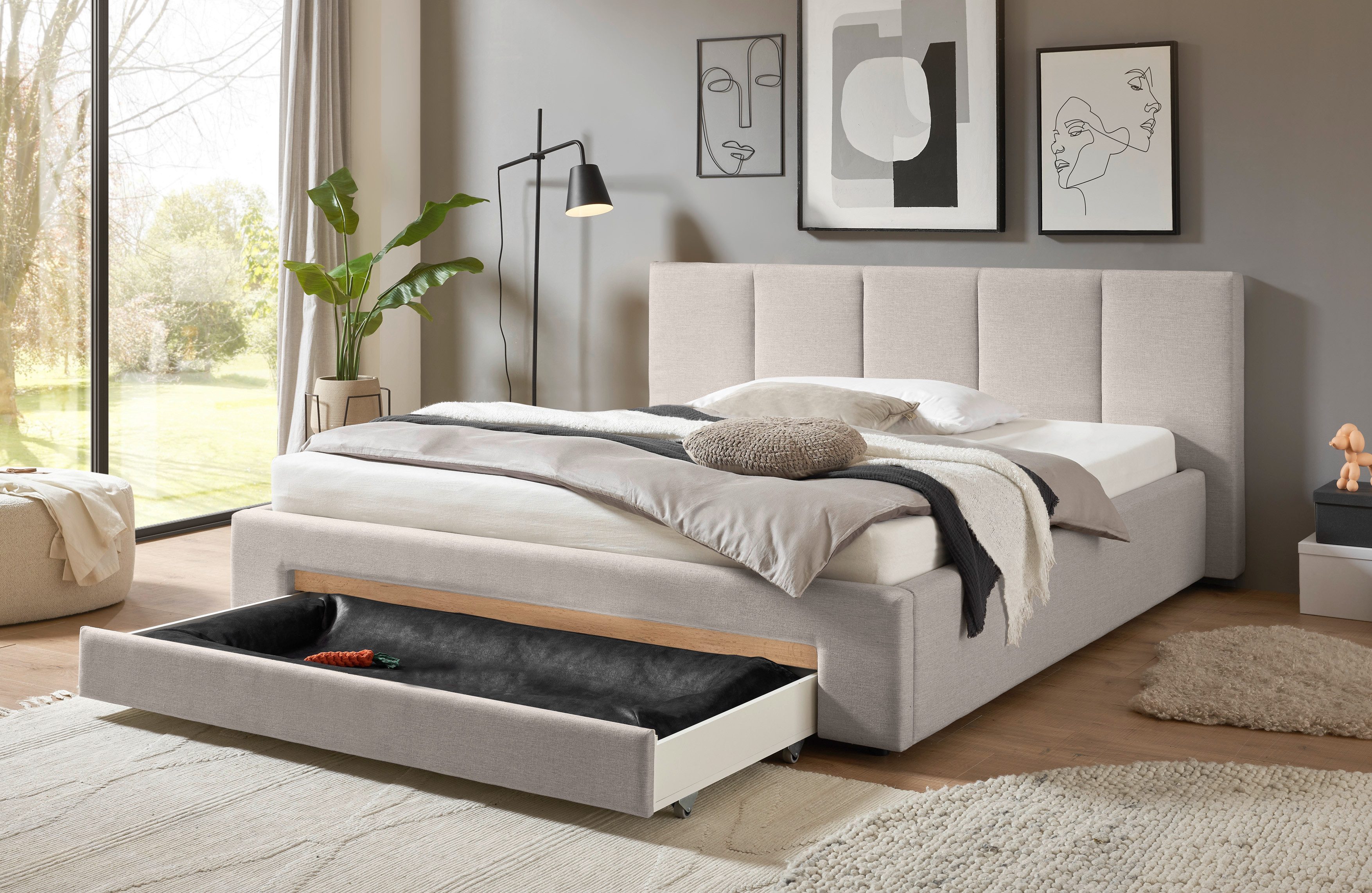 INOSIGN Gestoffeerd bed CiTY/GiRON, bedframe met bedlade, gestoffeerd opbergbed met hondenbed of opberglade, bekleding van corduroy of linnenlook