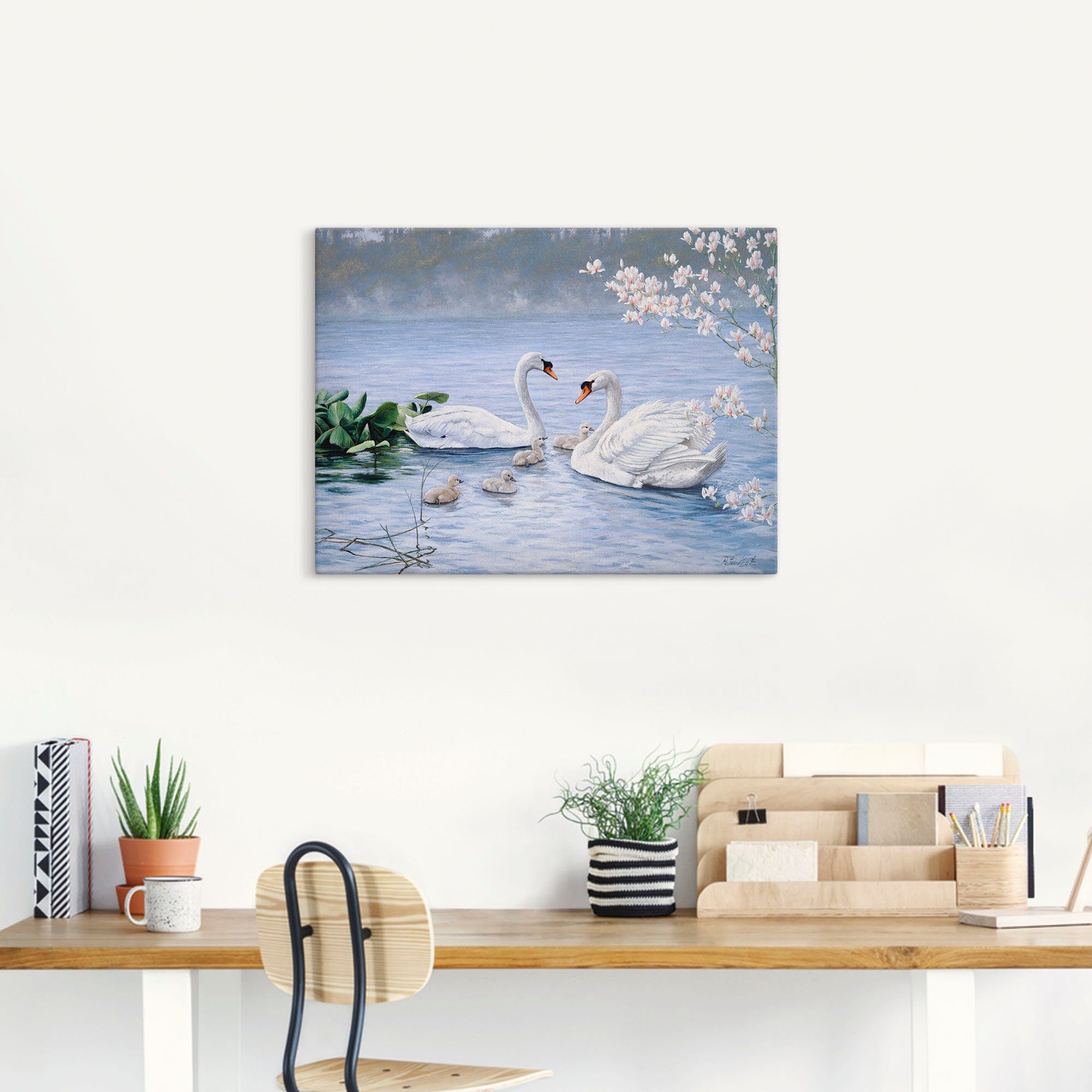 Artland Artprint op linnen Trotse zwanenfamilie gespannen op een spieraam
