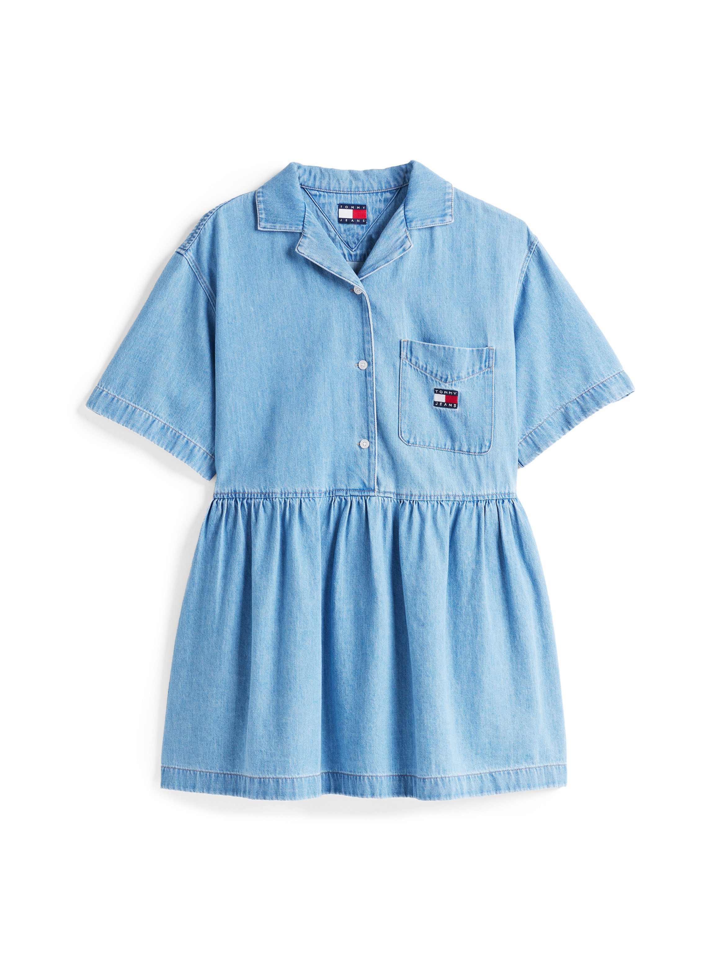 TOMMY Jeans jurk TJW LT DENIM DRESS EXT in mini-lengte, met logo-borduursel, in blauwe was
