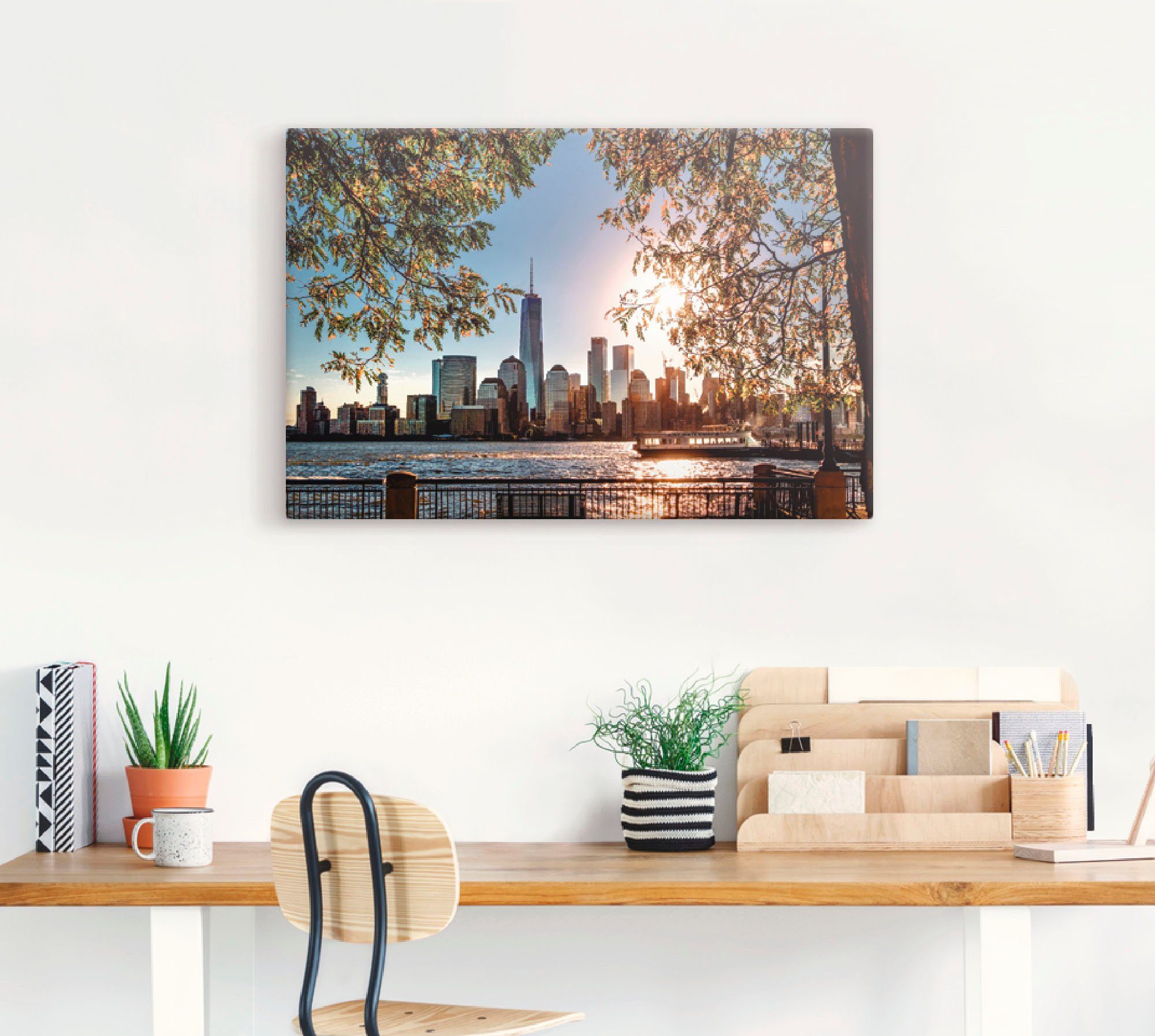 Artland Artprint Zonsopkomst boven New York als artprint van aluminium, artprint voor buiten, artprint op linnen, poster, muursticker