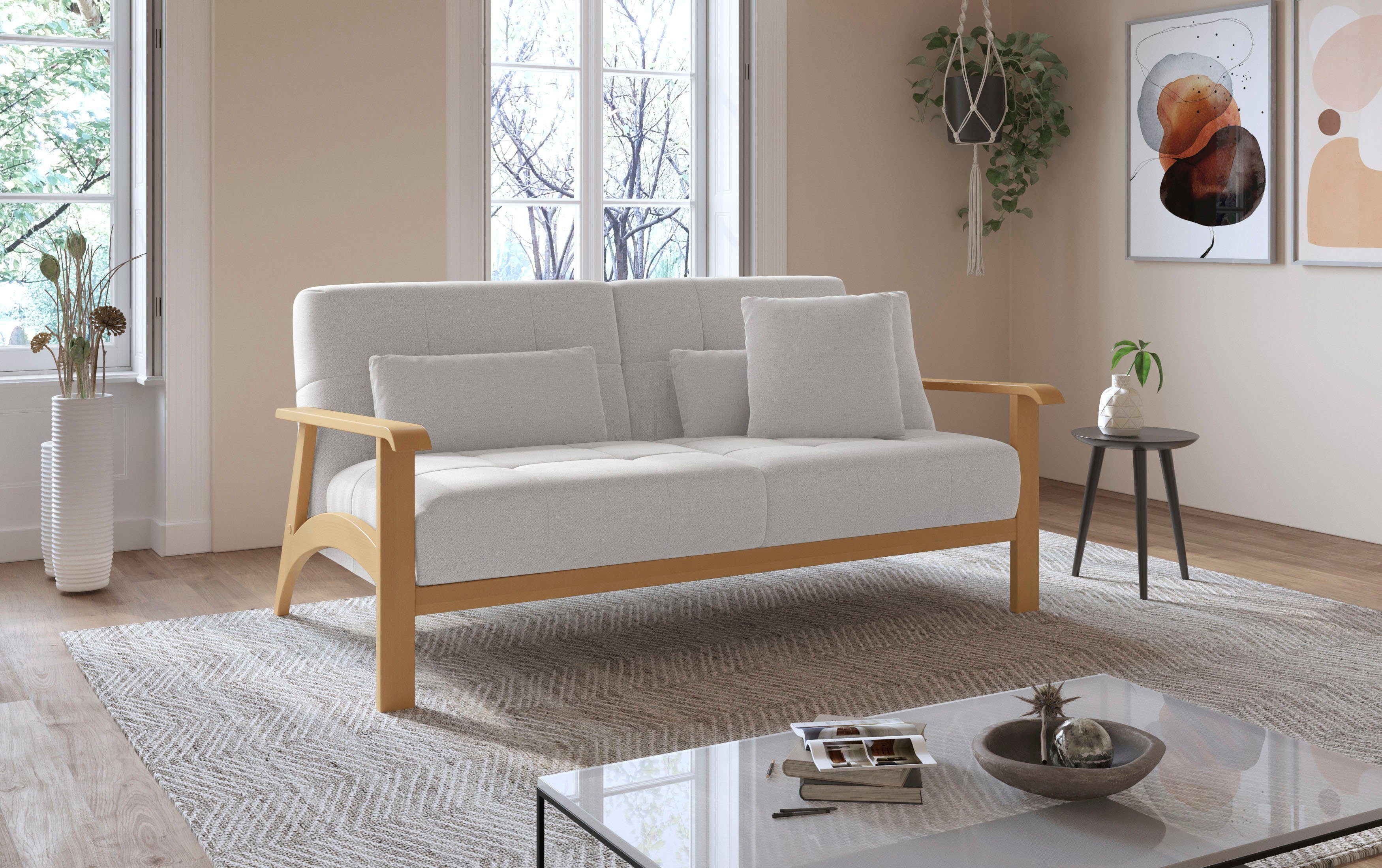 sit&more 2,5-zitsbank Billund Armleuningen van eikenkleurig beukenhout, verschillende bekledingen en kleuren