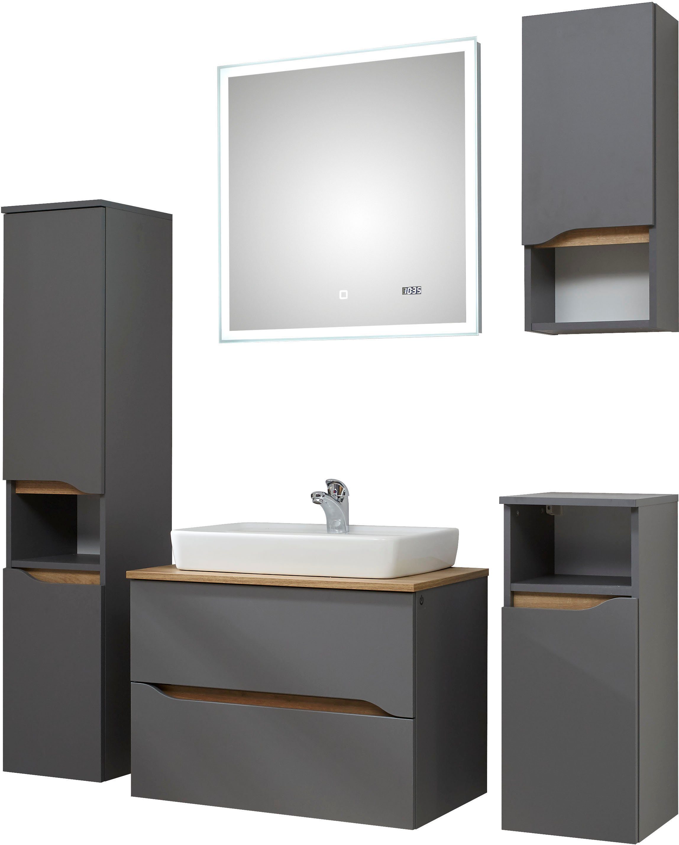 Saphir Badkamerserie Quickset 5-delig, keramieken opzetwasbak met led-spiegel Halfhoge kast, onderkast, hangend kastje, inclusief deurdemper, 6 deuren (7-delig)