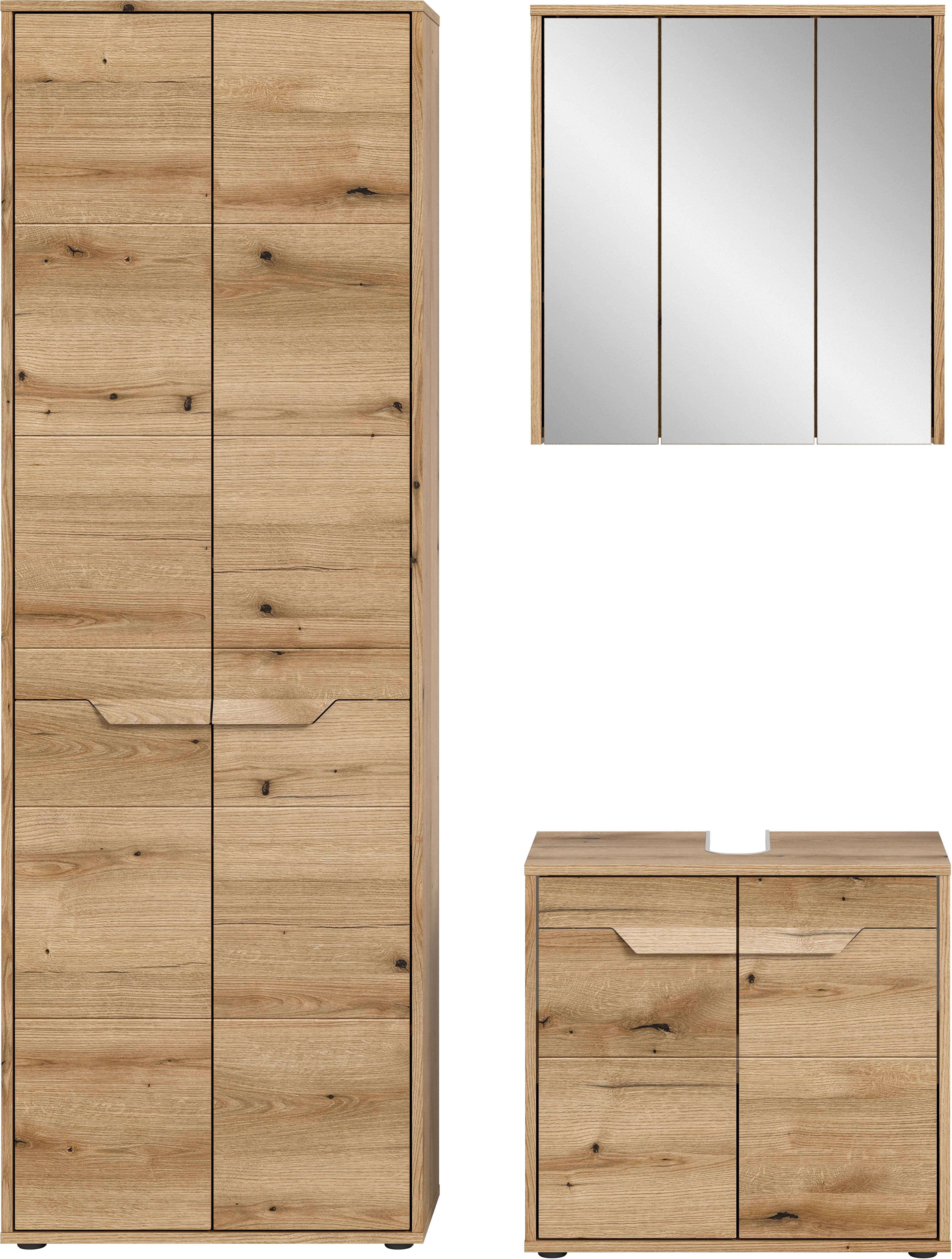 welltime Badmeubelset Kayu, bestaande uit: hoge kast, wastafelonderkast Spiegelschrank, hoogwaardige MDF front met groeffrasing, badkamer, badkamer set