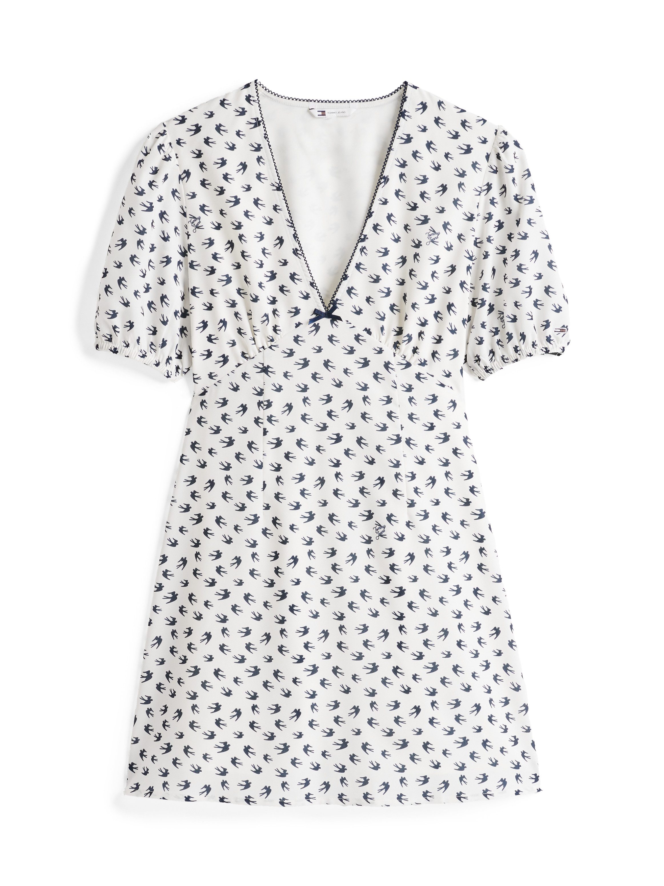 TOMMY JEANS Mini-jurk TJW SS CREPE MINI DRESS met strikdetail, vogelpatroon