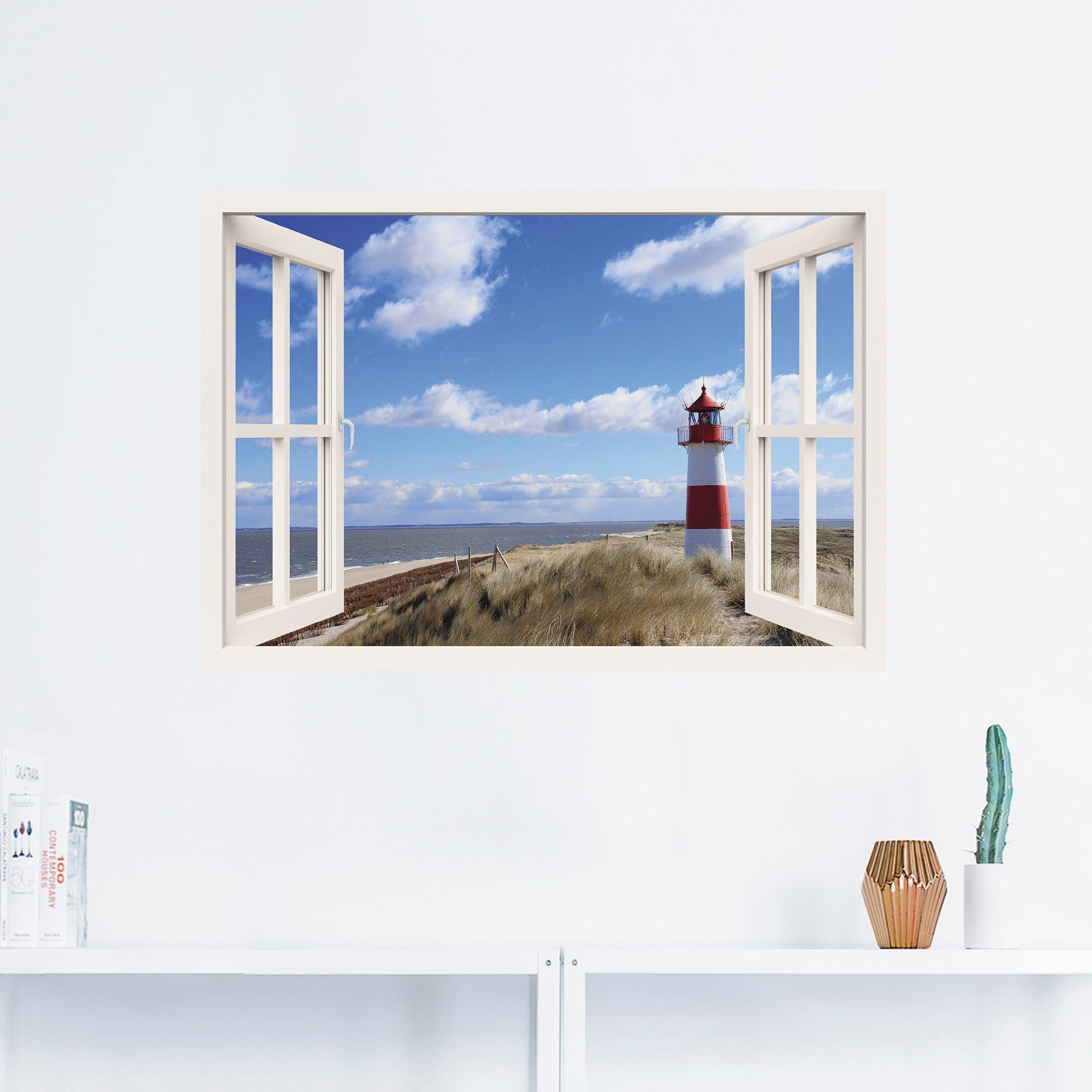 Artland Artprint Blik uit het venster - vuurtoren Sylt als artprint op linnen, poster, muursticker in verschillende maten