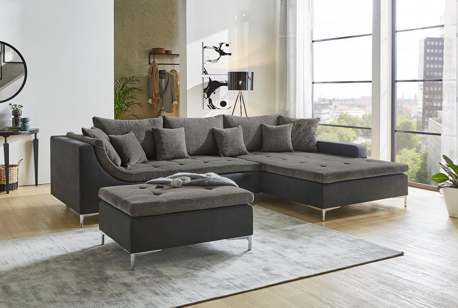 Jockenhöfer Gruppe Hoekbank Monte Carlo L-vorm met comfortabele golfvering Ottoman kan rechts of links worden gemonteerd, incl. 9 kussens grijs,