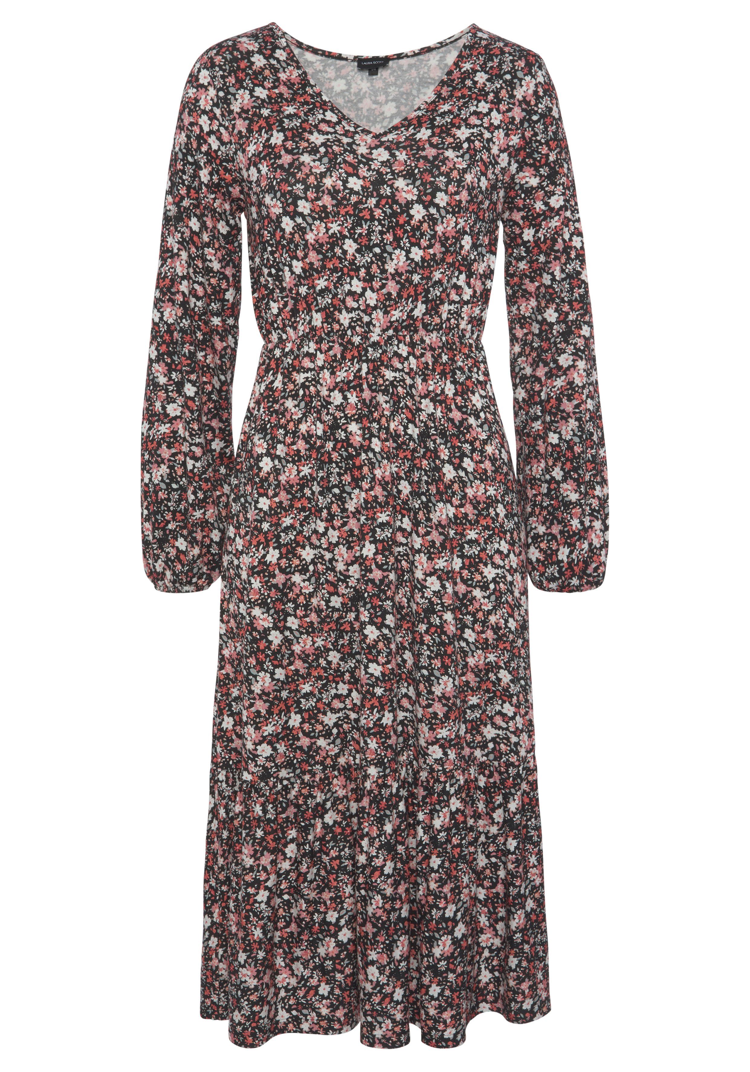 Laura Scott Midi-jurk kuitlang, gebloemde look, van viscosemix, lange mouwen