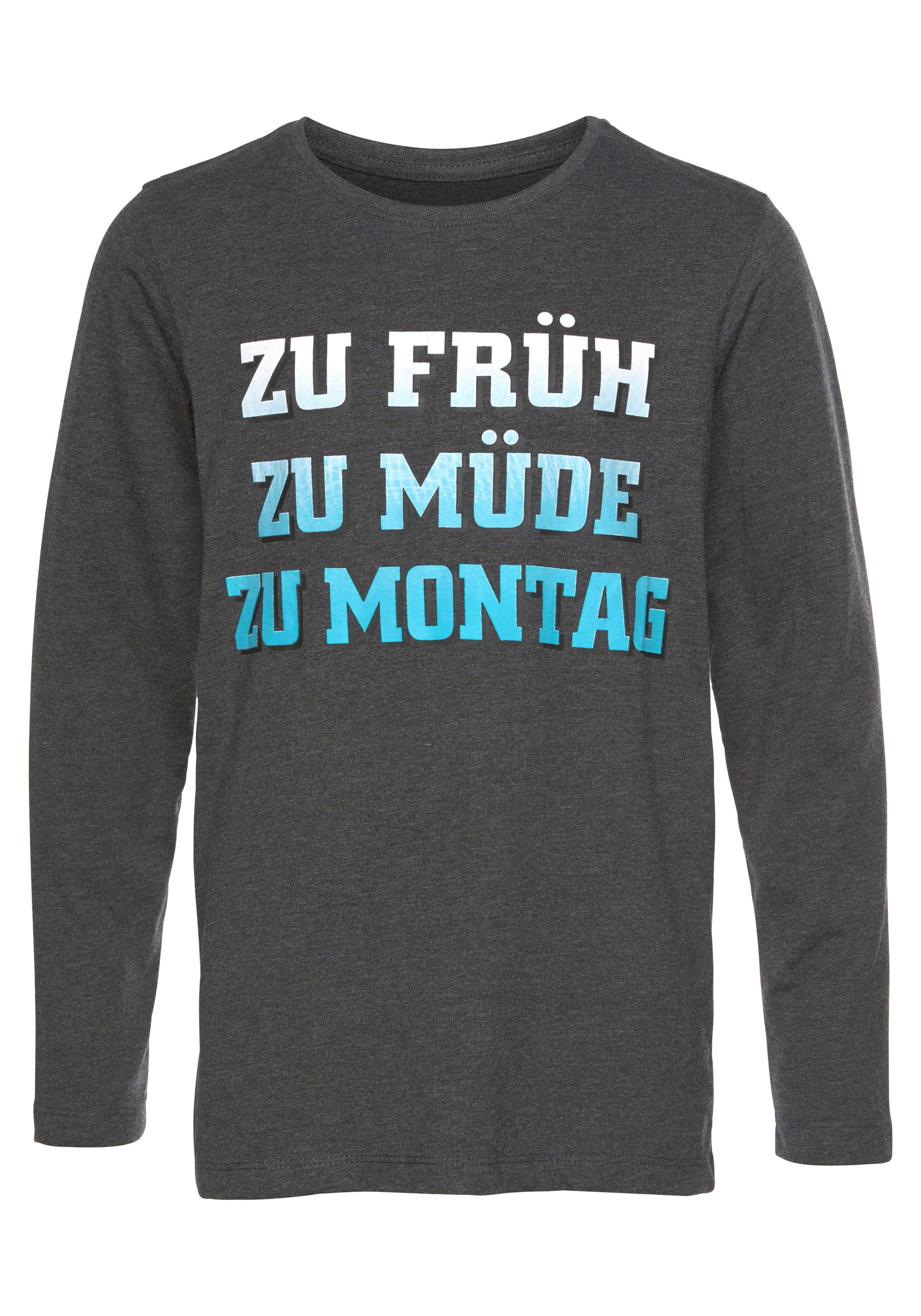 KIDSWORLD Shirt met lange mouwen ZU FRÜH, ZU MÜDE, ZU MONTAG Lange mouwen, basic pasvorm, met stijlvolle print, ronde hals