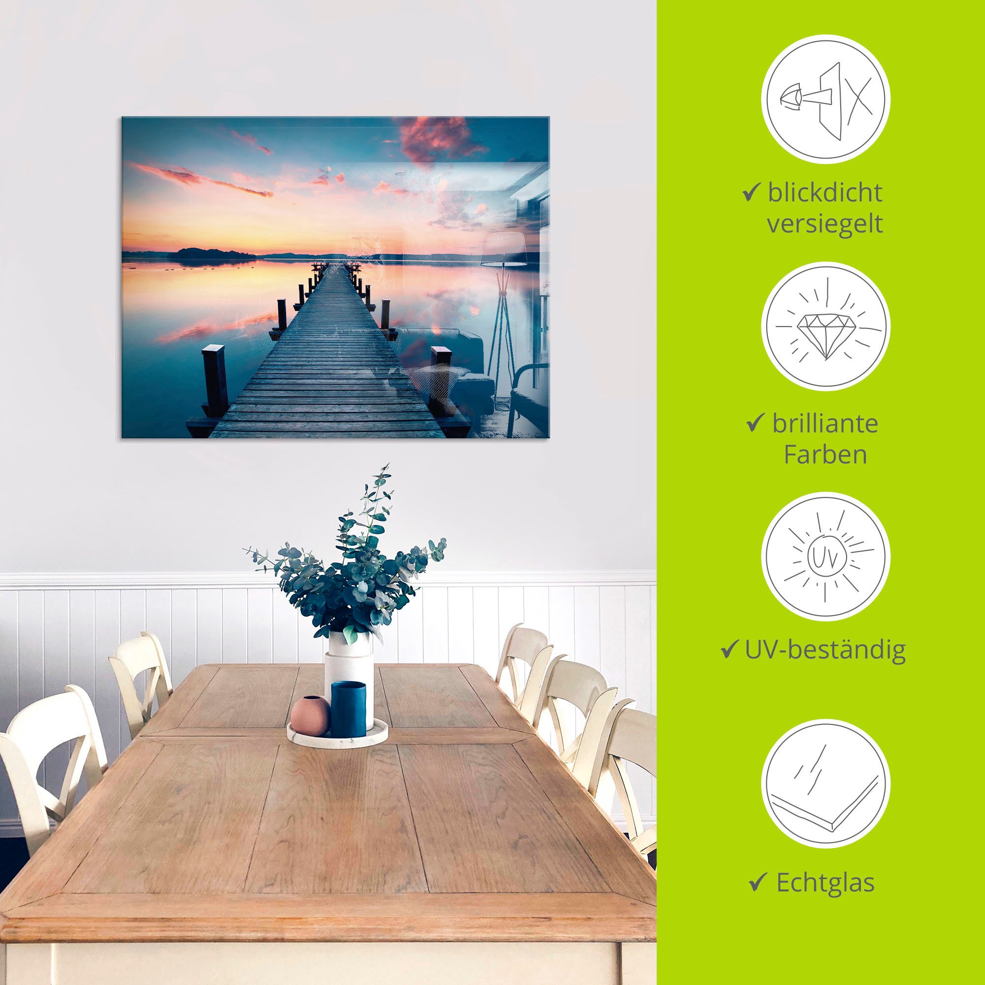 Artland Print op glas Lange pier aan het meer in zonsopkomst
