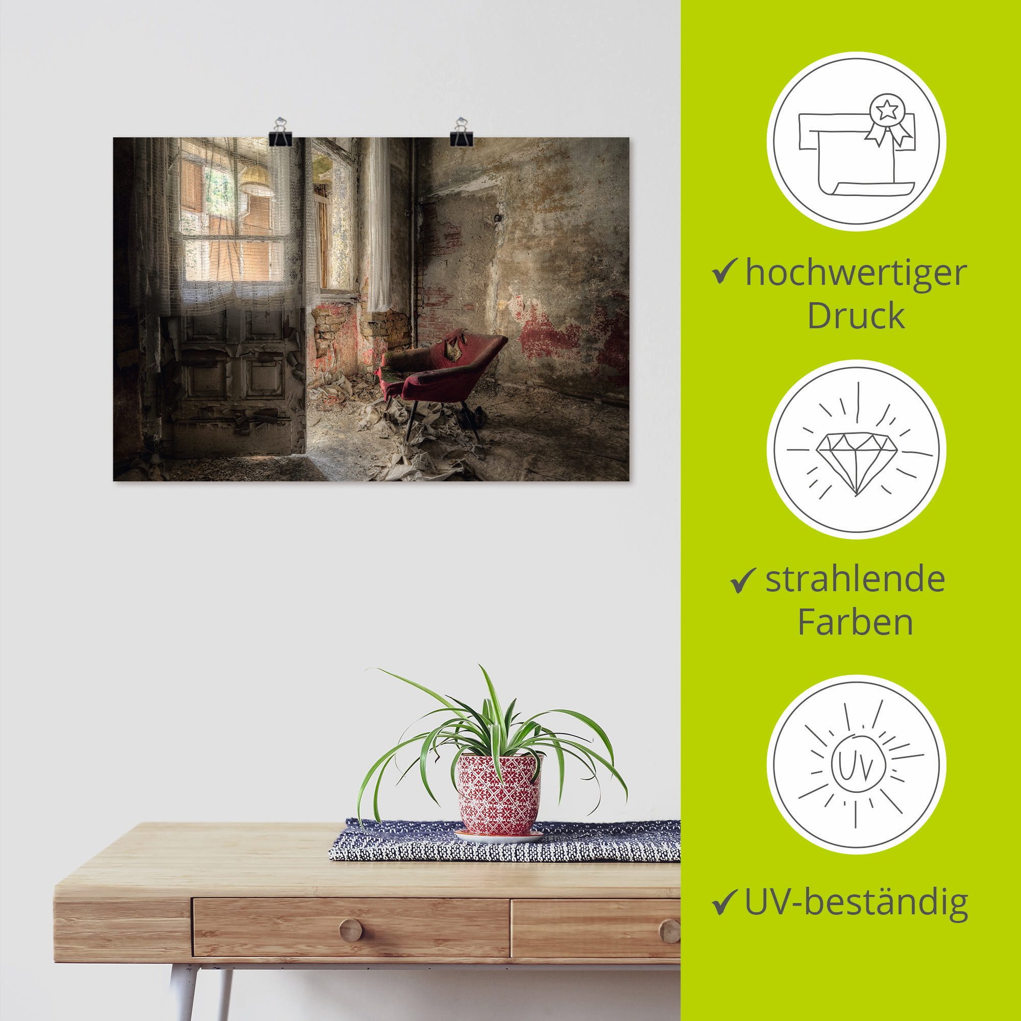 Artland Artprint Lost Place - rode fauteuil I als artprint van aluminium, artprint voor buiten, artprint op linnen, poster, muursticker