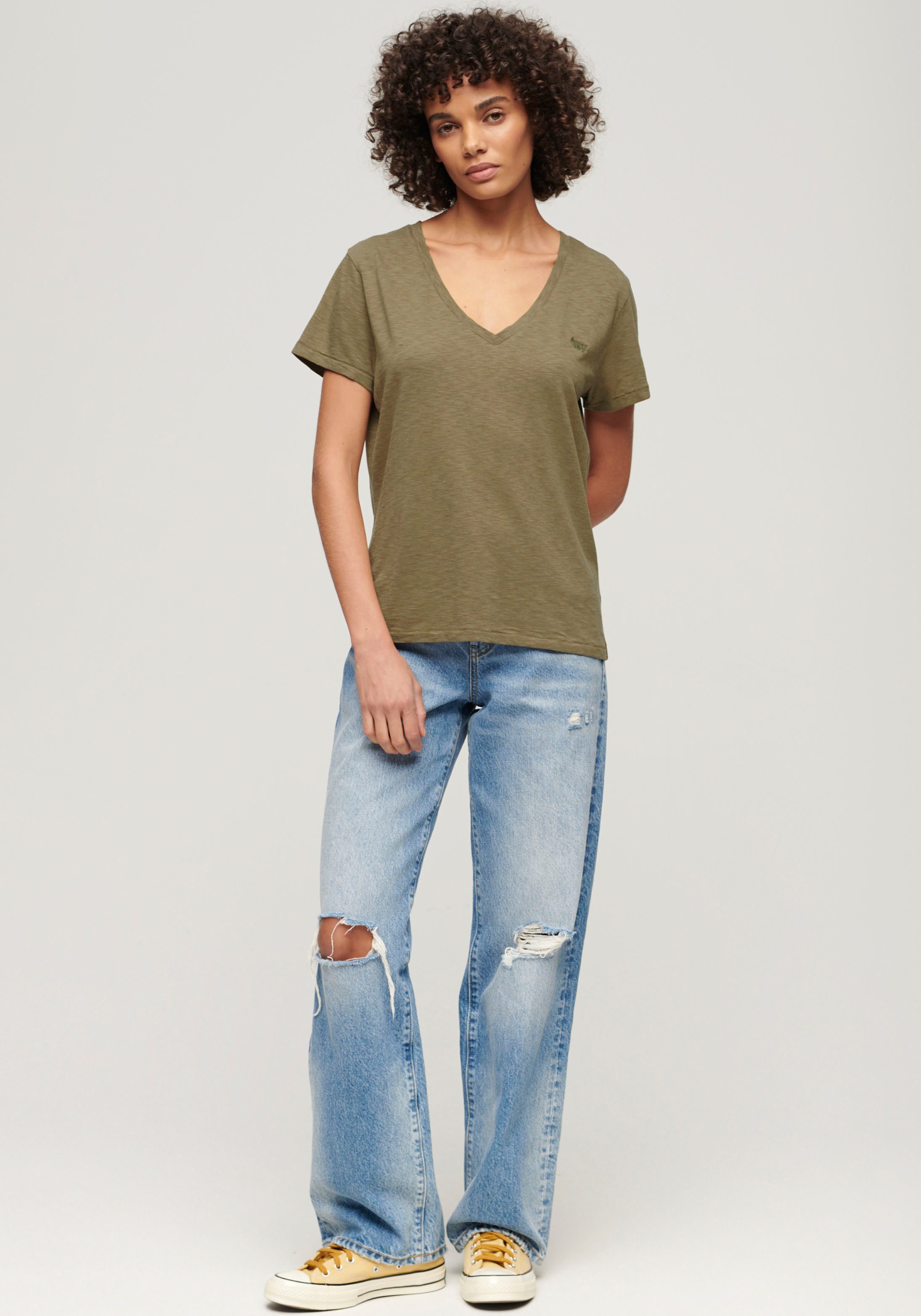 Superdry Shirt met V-hals STUDIOS SLUB EMB VEE TEE gestructureerd t-shirt met v-hals en borduursel