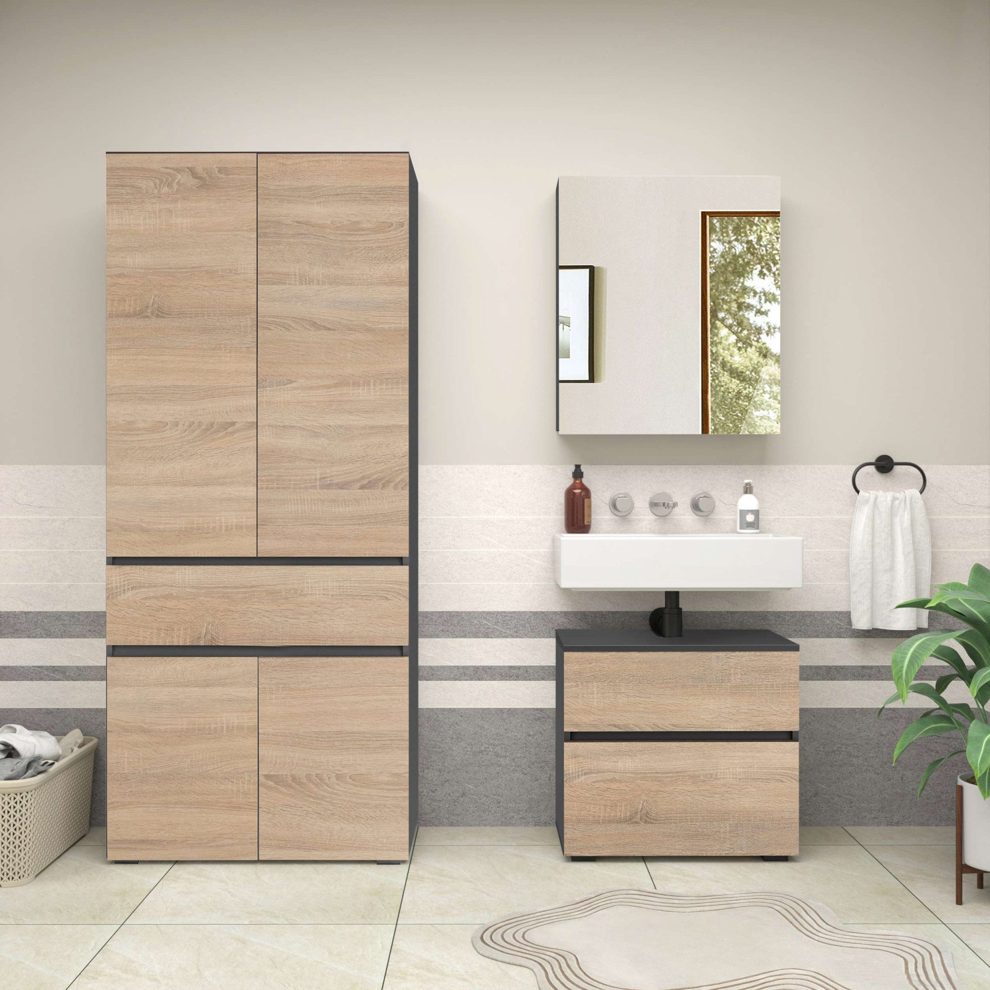 Home affaire Badmeubelset Wisla Spiegelschrank, WBU met sifonaansluiting en push-to-open, breedte 60 cm (set, 2 stuks)