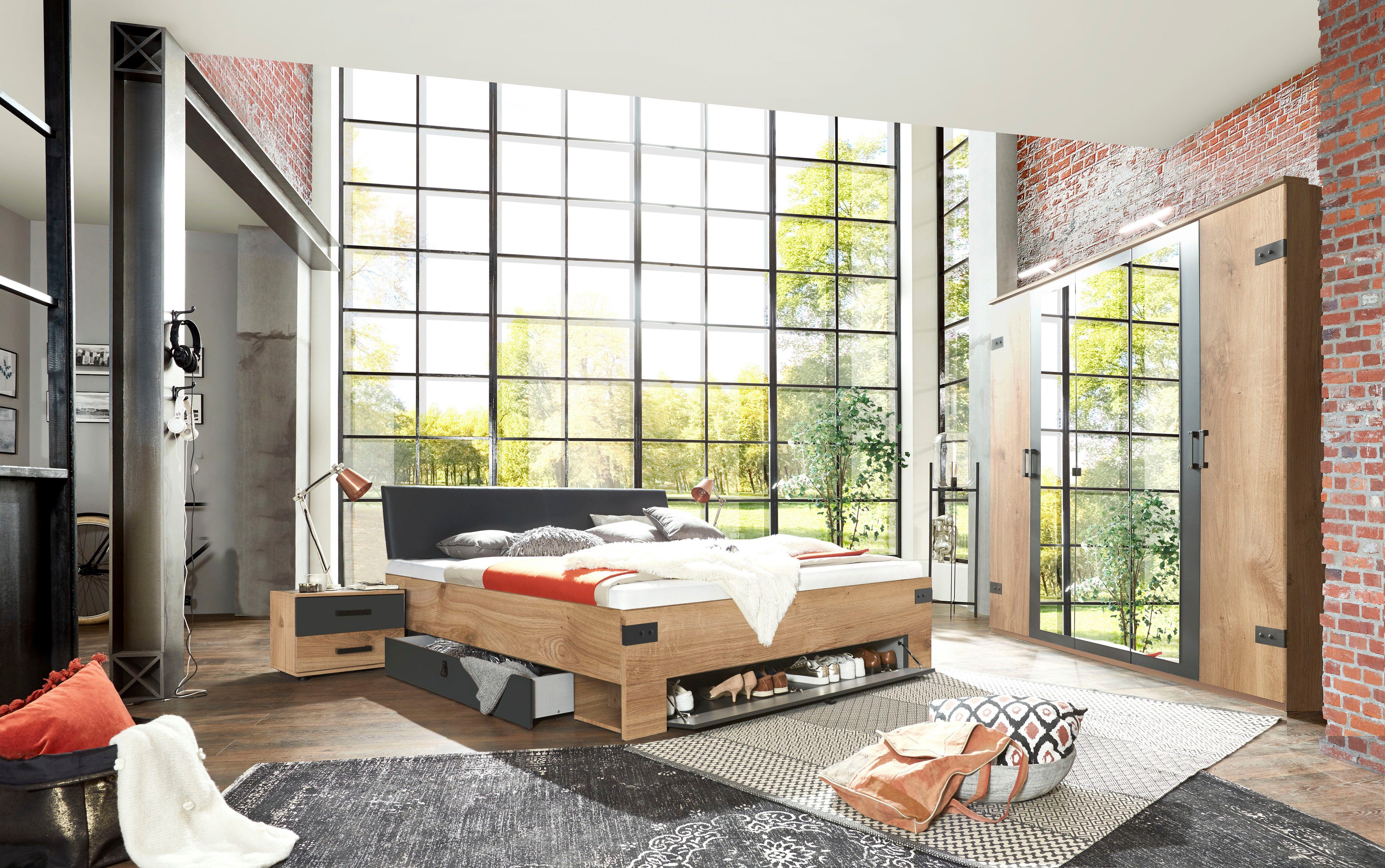Wimex Slaapkamerserie Stockholm, rustieke look in industrieel ontwerp 6-delig, kledingkast met spiegel, bed inclusief lades (set)