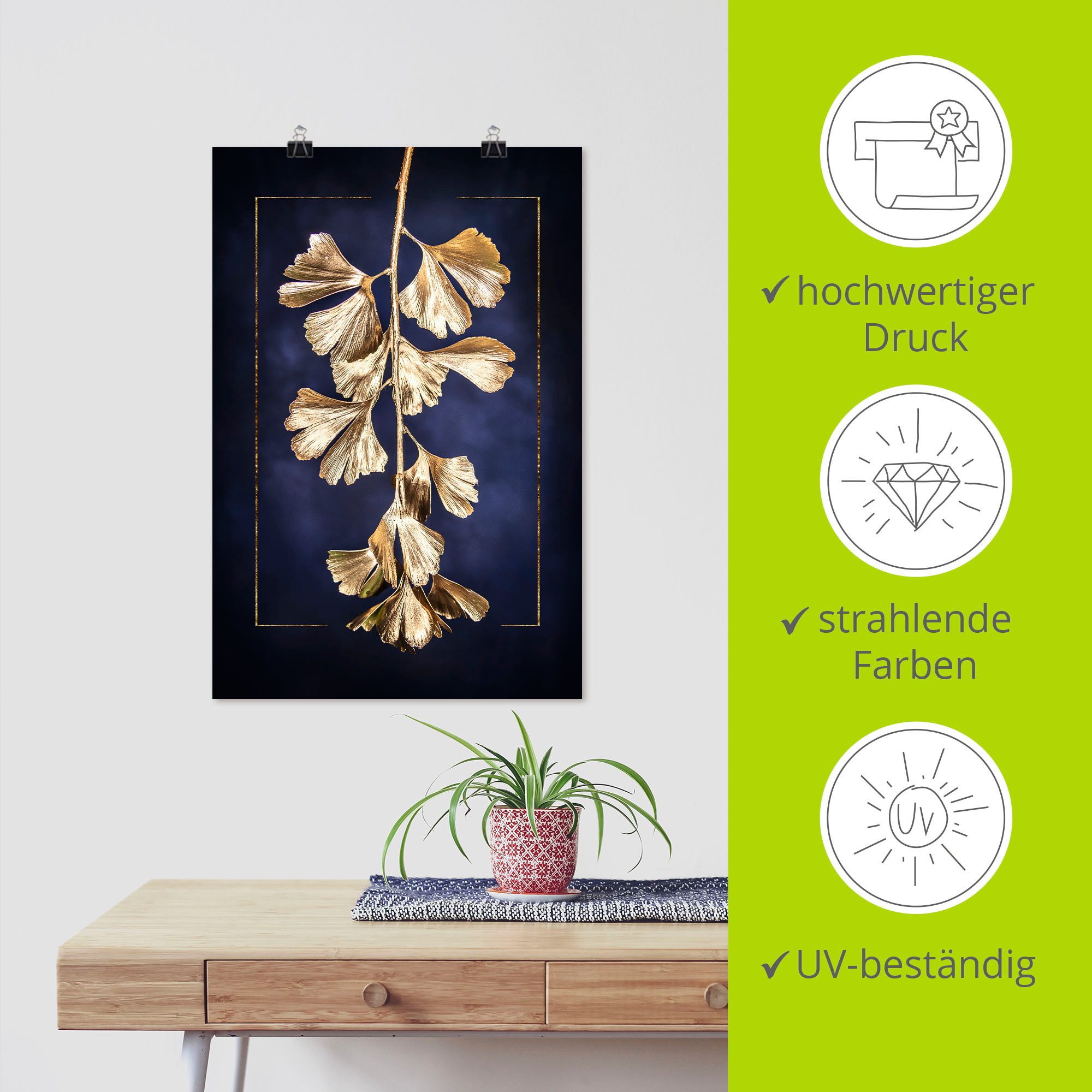 Artland Artprint Goudkleurige gingko als artprint op linnen, poster in verschillende formaten maten