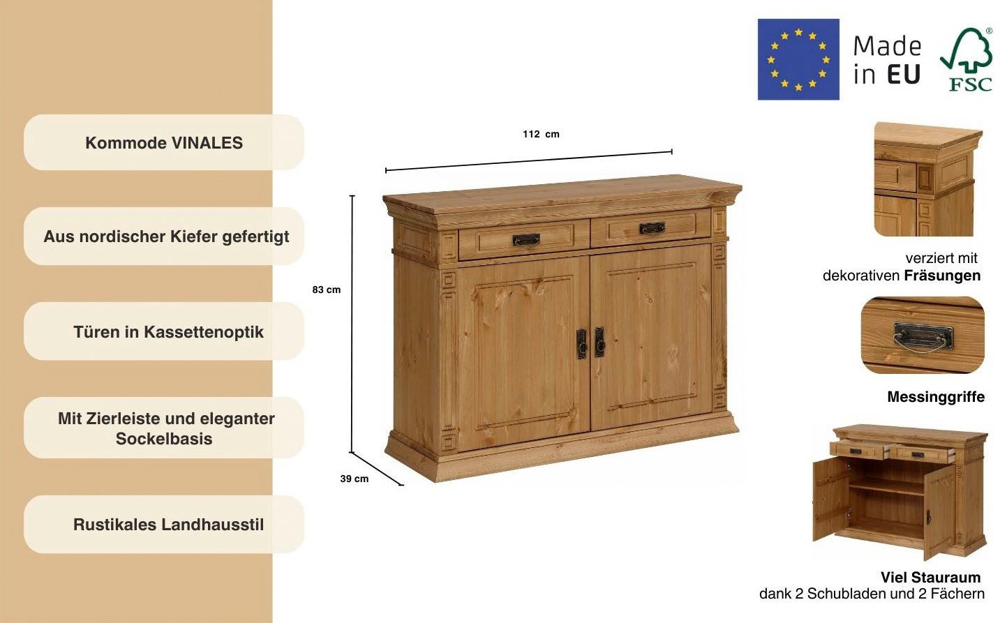Home affaire Kast Vinales Breedte 112 cm van massief grenen