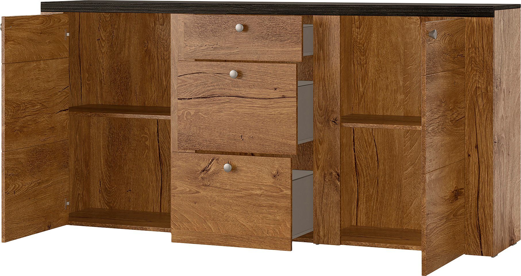 Home affaire Dressoir Larona, tijdloze commode met 2 deuren, 3 lades, deurkast, Hoogte 84 cm, veel opbergruimte, dressoir met decoratieve lijstlook