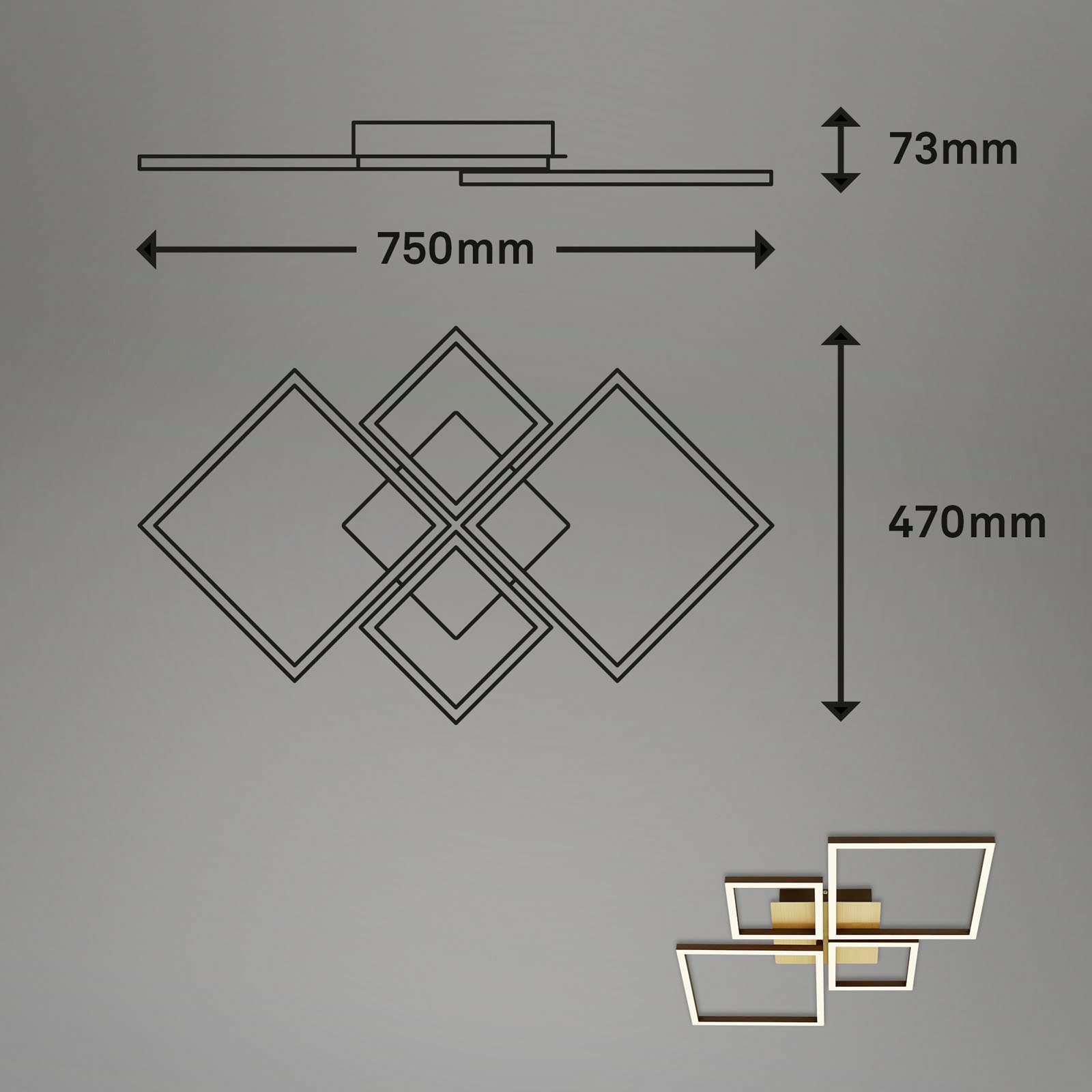 Briloner Leuchten Led-plafondlamp 3128017 FRAME Geheugenfunctie, dimbaar, draaibaar, 3000K warmwit, goudkleur-bruin