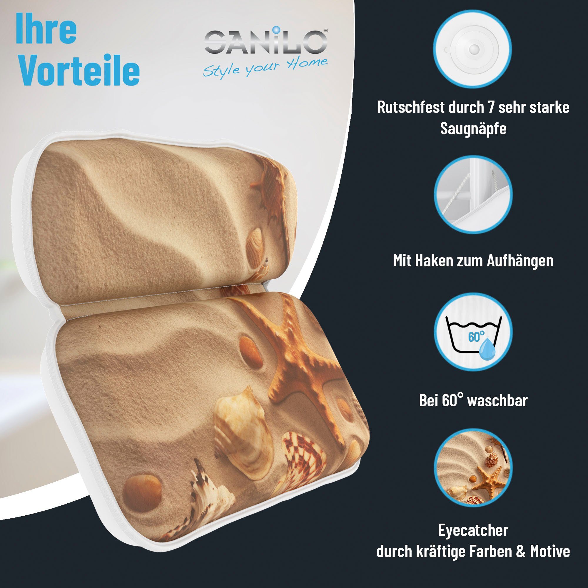Sanilo Nekkussen Badkussen Sanibel comfortabel, antislip, volle kleuren, met 7 prima zuignappen