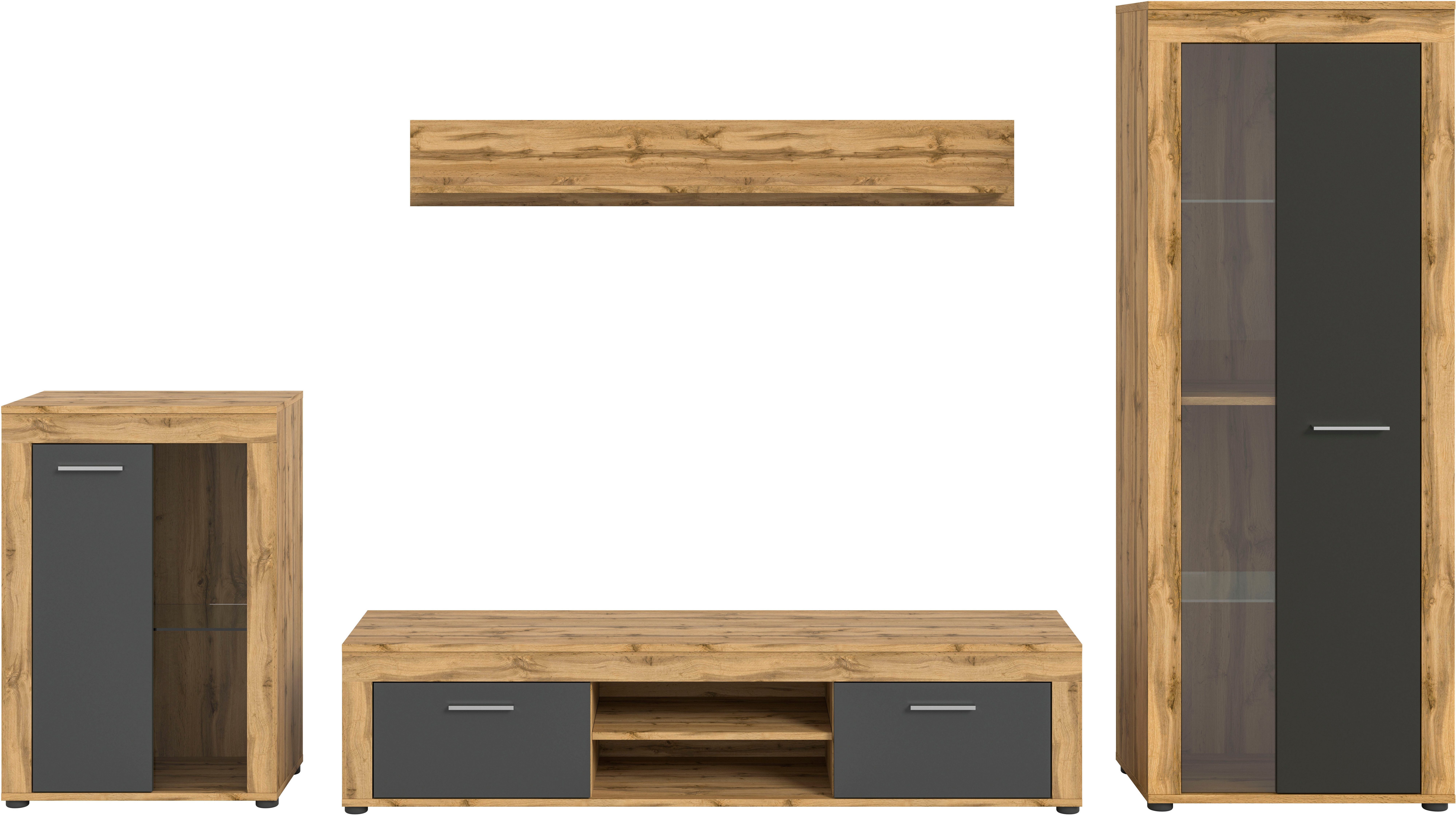 INOSIGN Wandmeubel Aosta, 4-delig, bestaande uit: vitrinekast, lowboard, wandplank & hoge vitrinekast (4-delig)