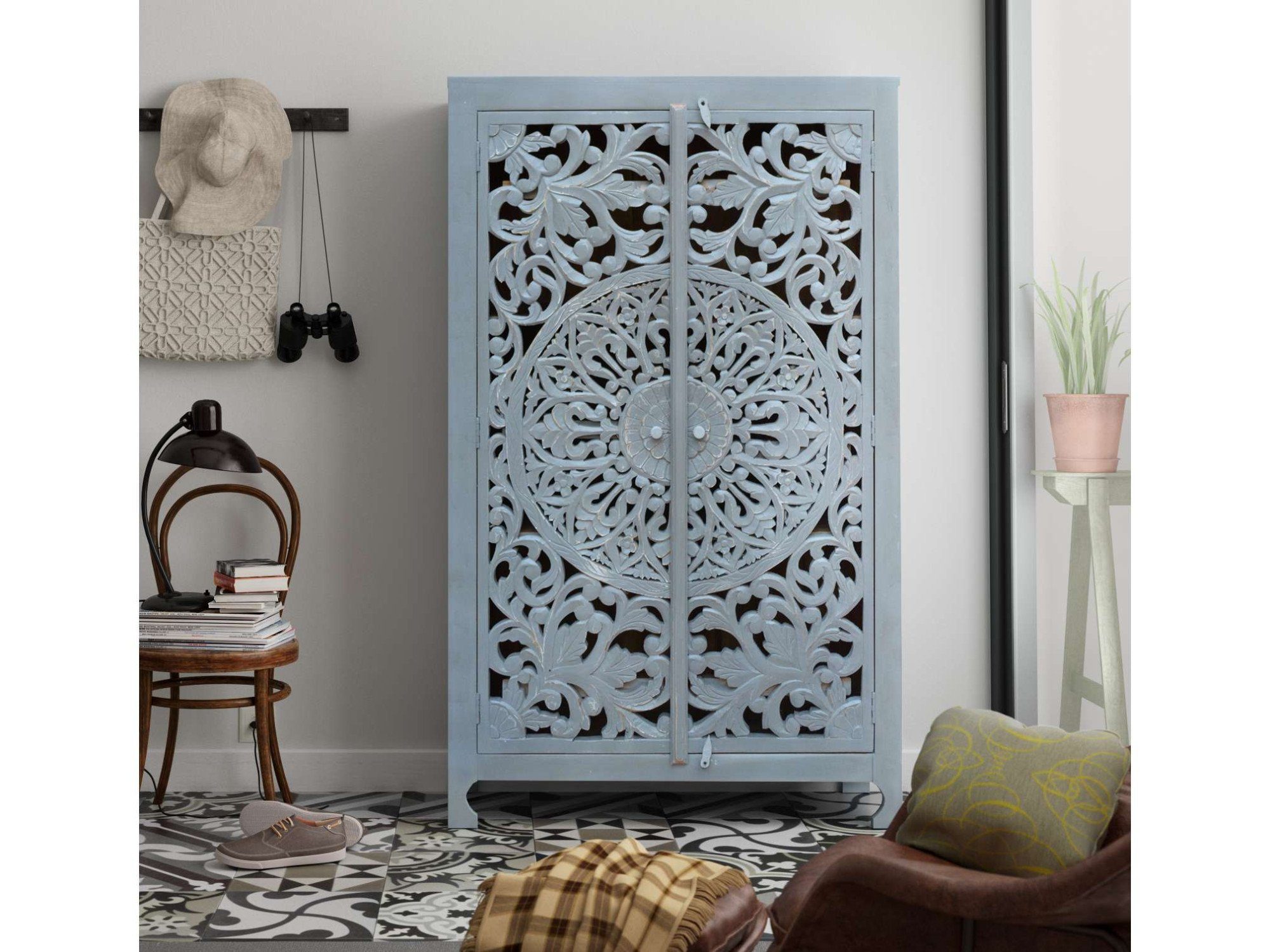 Home affaire Bergkast Kenmare Mangohout, decoratief houtsnijwerk, breedte 100 cm