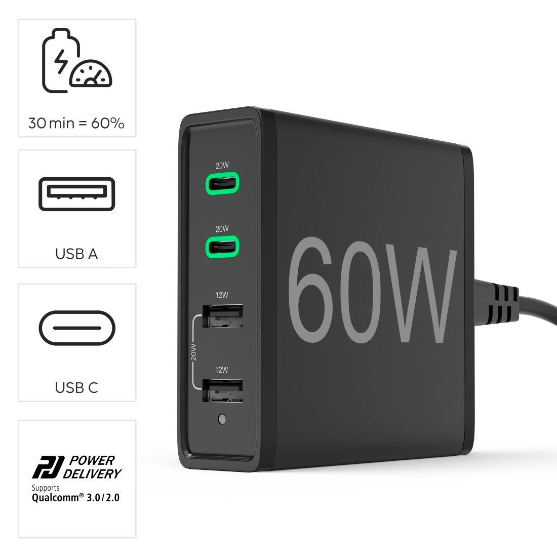 Hama USB-oplader USB oplaadstation met 4 poorten 60 watt oplader, 2x USB-C PD, 2x USB multi-poort