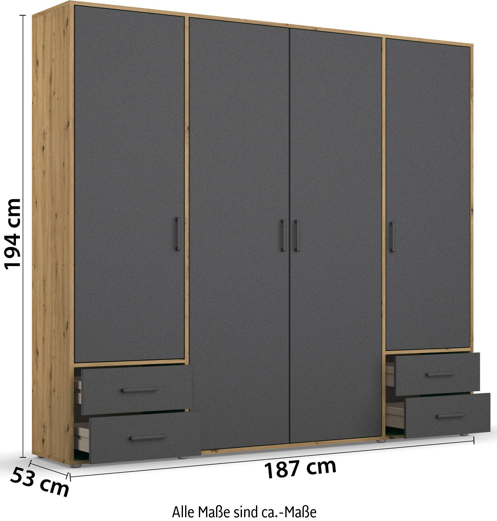 rauch Draaideurkast Kledingkast kast garderobe linnenkast VOYAGER moderne grepen in grijs metallic met buitenlades made in germany