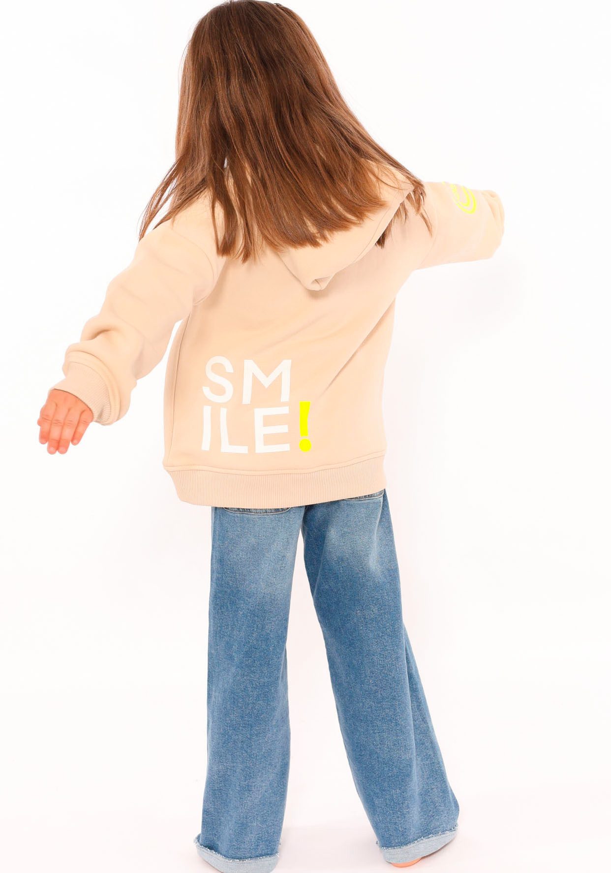 Zwillingsherz Hoodie Alissa-Kids met "smile"-opdruk in neonkleur en geborduurde smiley