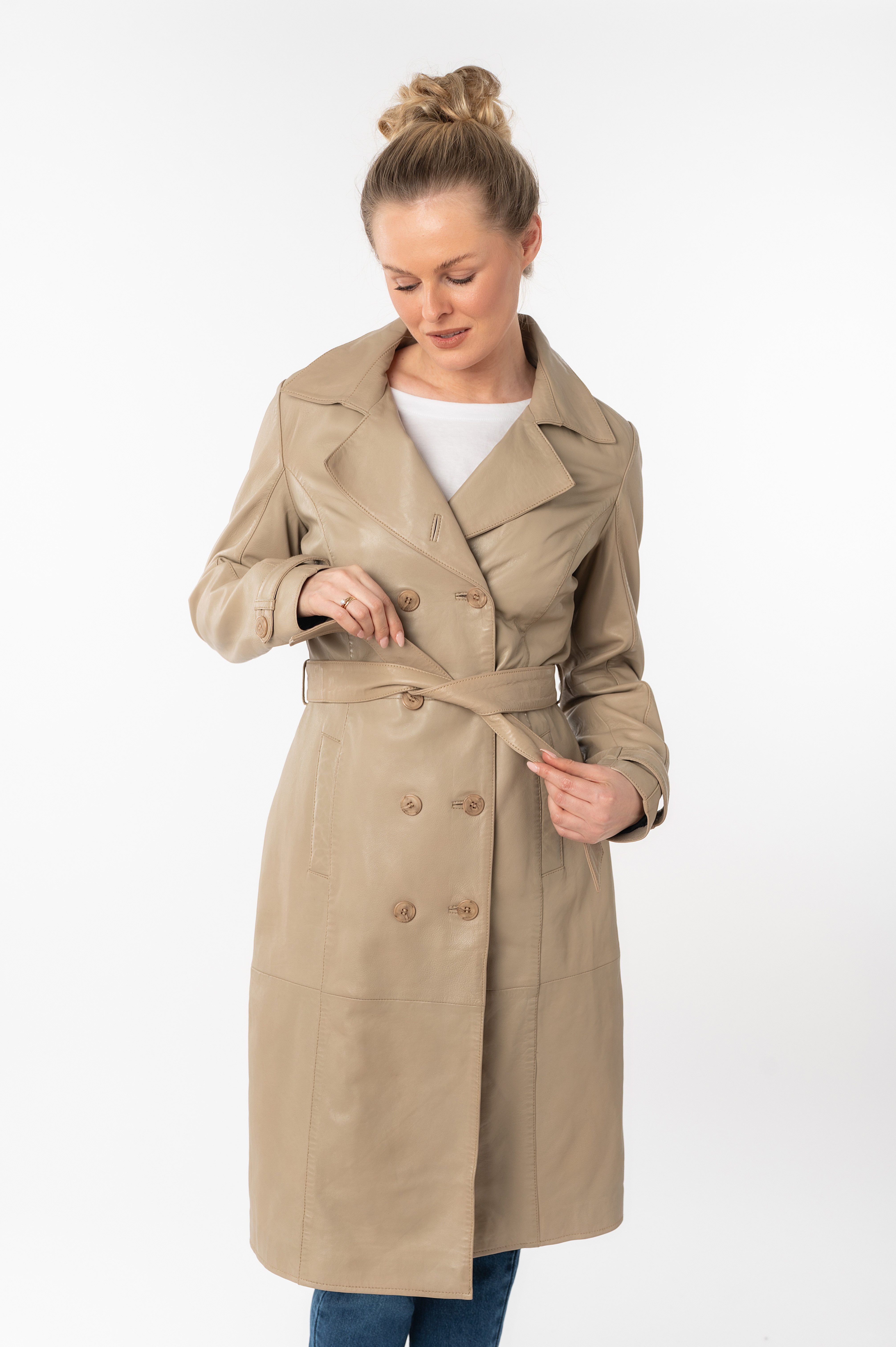 Mauritius Lange, leren jas GWTaruh OT elegante leren trenchcoat met bindceintuur (2-delig)