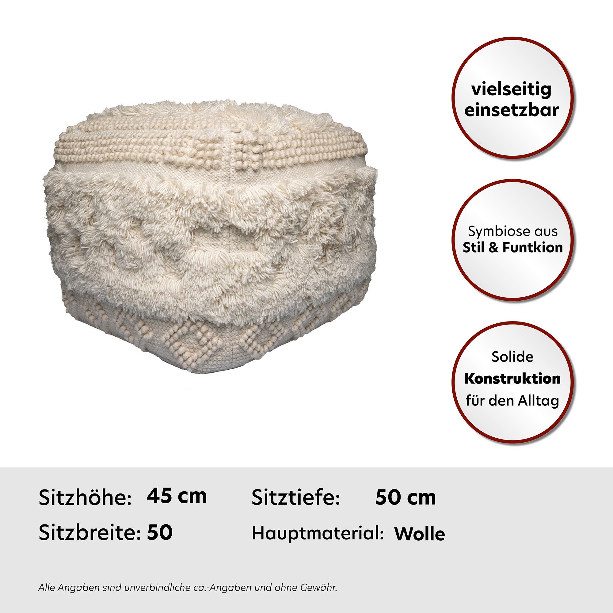Kayoom Poef Bohist 125 50cm x 50cm, Structuren met franjes en kwasten handgemaakt, uniek, zeer goed te combineren, veelzijdig in gebruik (1 stuk)