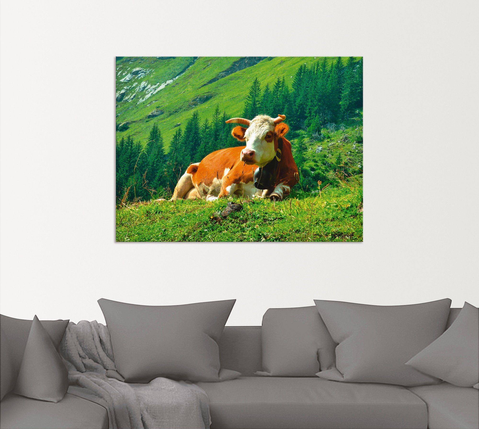 Artland Artprint Koe op de Zwitserse bergweide als artprint van aluminium, artprint op linnen, muursticker of poster in verschillende maten