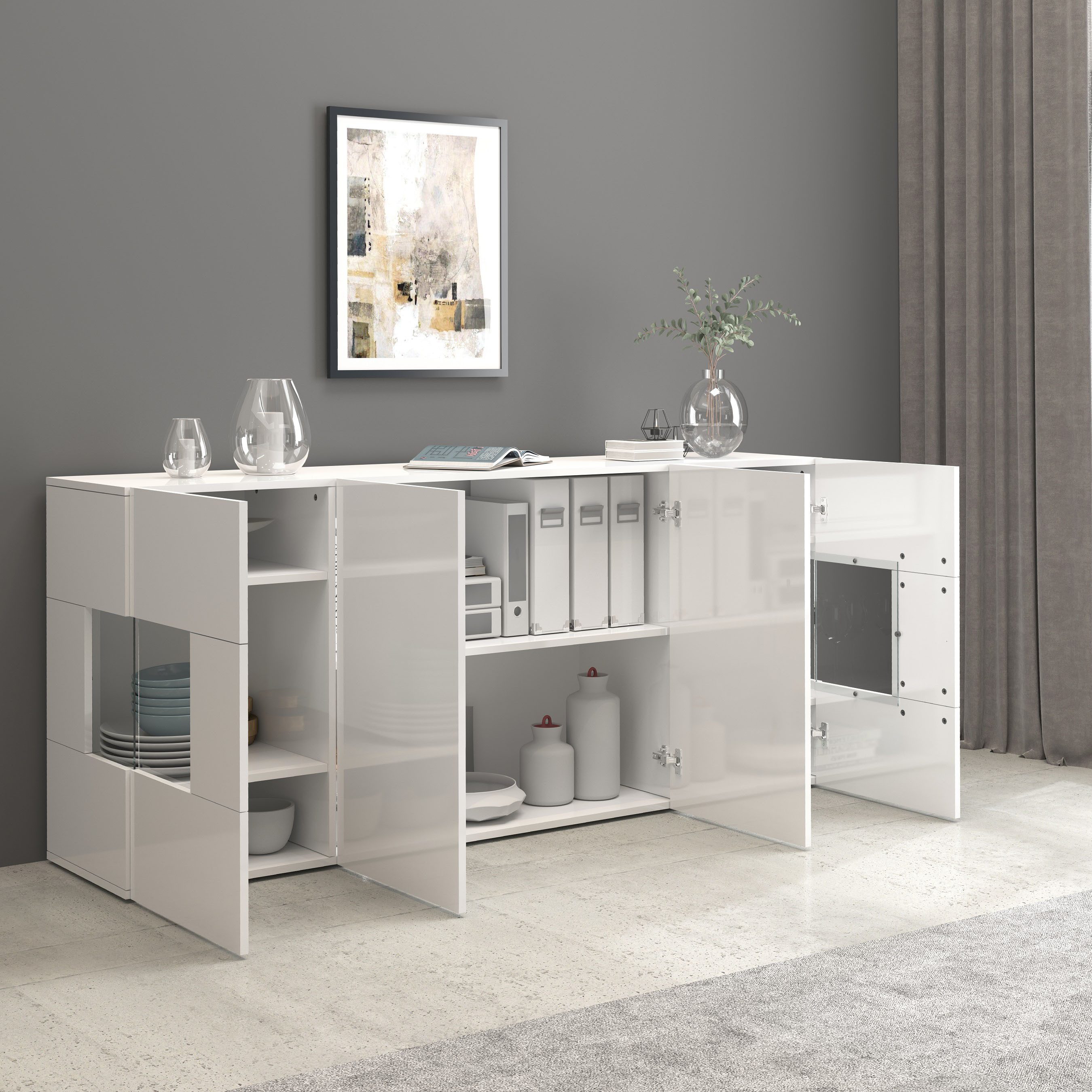 INOSIGN Dressoir Egypte, Ladekast, Kast, Buffet, Vitrine greeploos 4 deuren waarvan 2 met glas inzet, compleet hoogglans gelakt, breedte 180