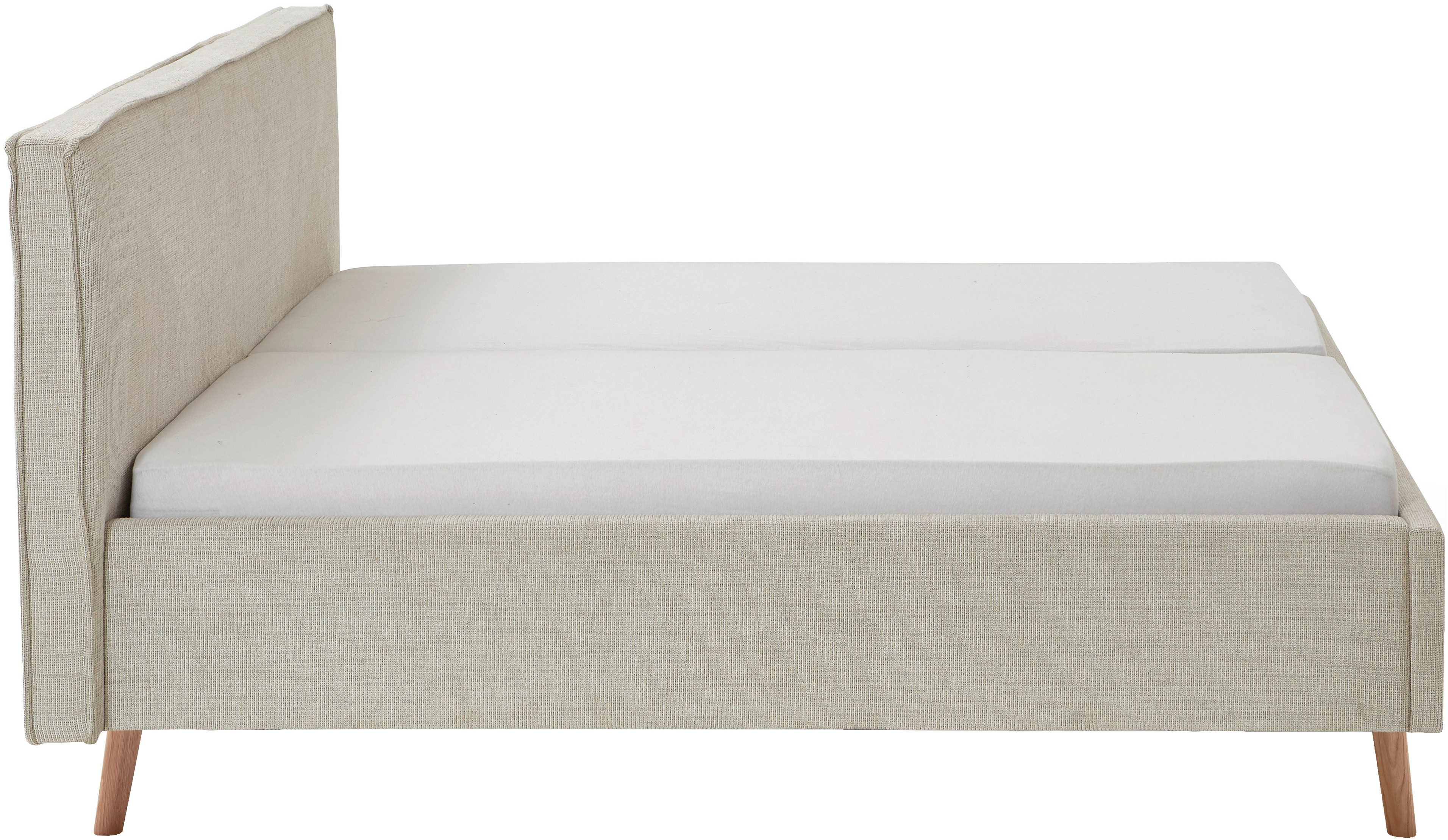 meise.möbel Gestoffeerd bed Riva met eikenkleurige houten poten, naar keuze met bedkist en lattenbodem