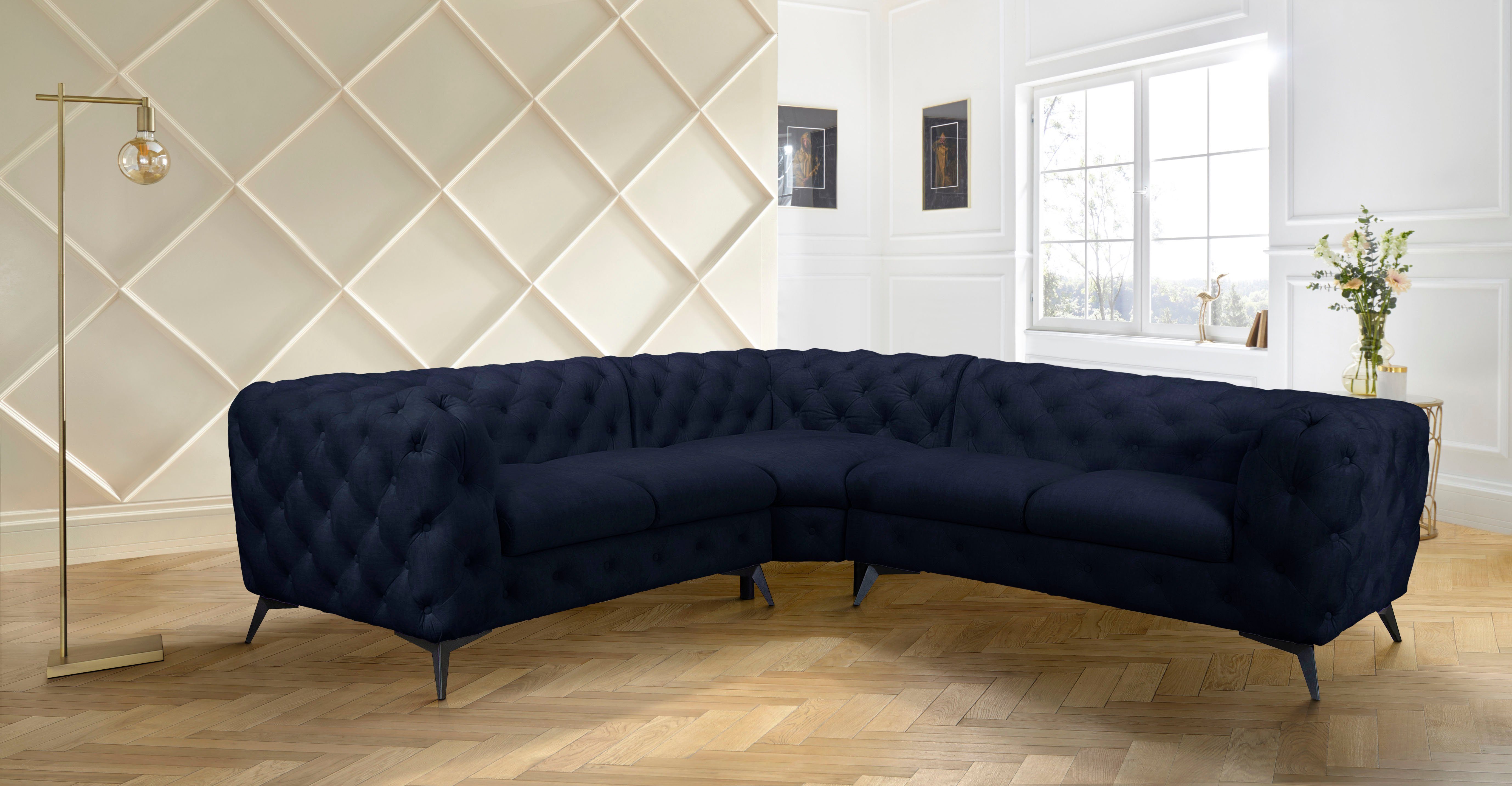 Leonique Chesterfield-bank Hoekbank GLYNIS L-vorm met golfvering, afmetingen B/D/H 264/264/75cm luxueuze capitonnage, moderne chesterfield look, kleur van de poten ter keuze