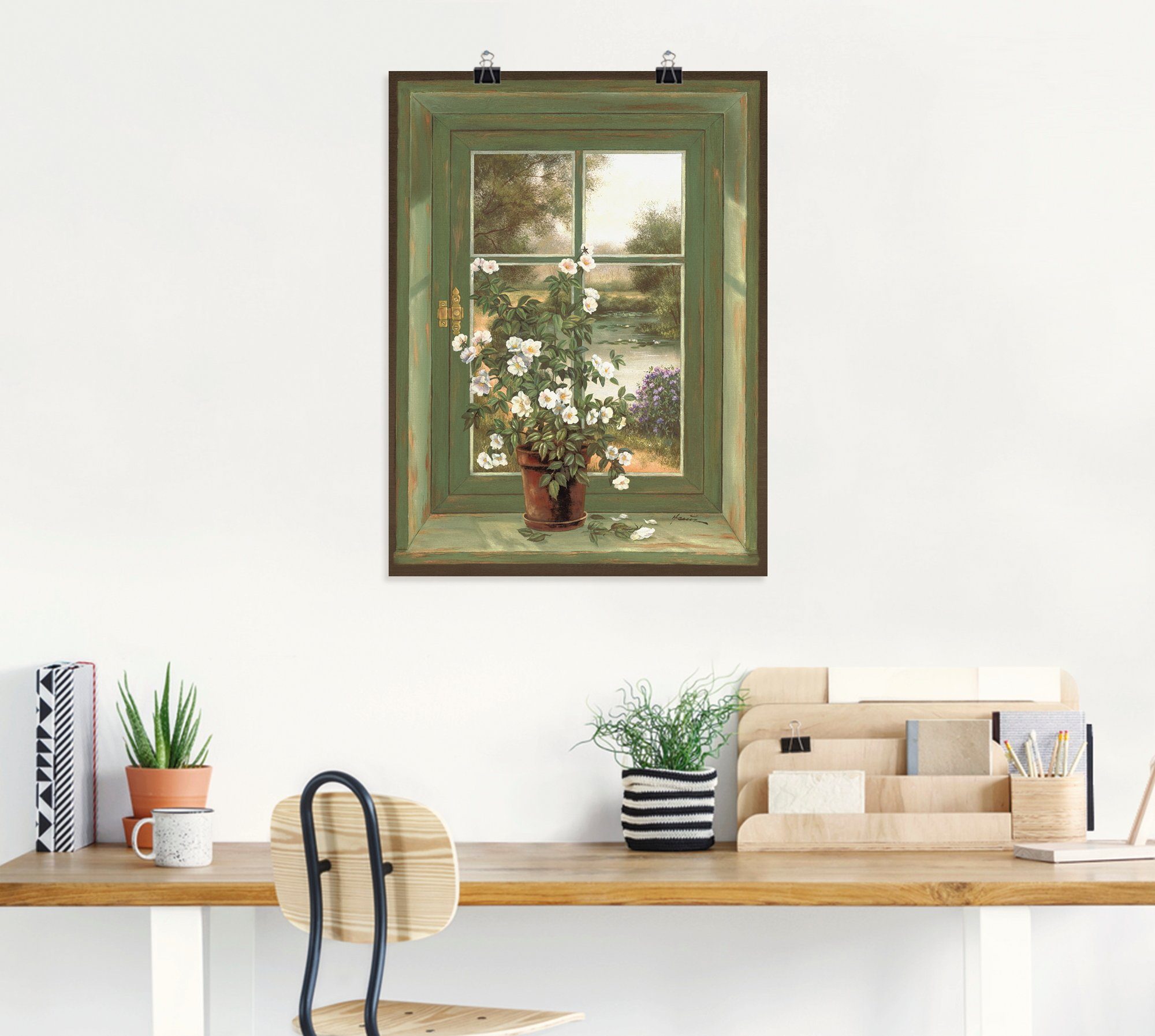 Artland Artprint Wilde rozen bij het raam als artprint van aluminium, artprint voor buiten, artprint op linnen, poster, muursticker