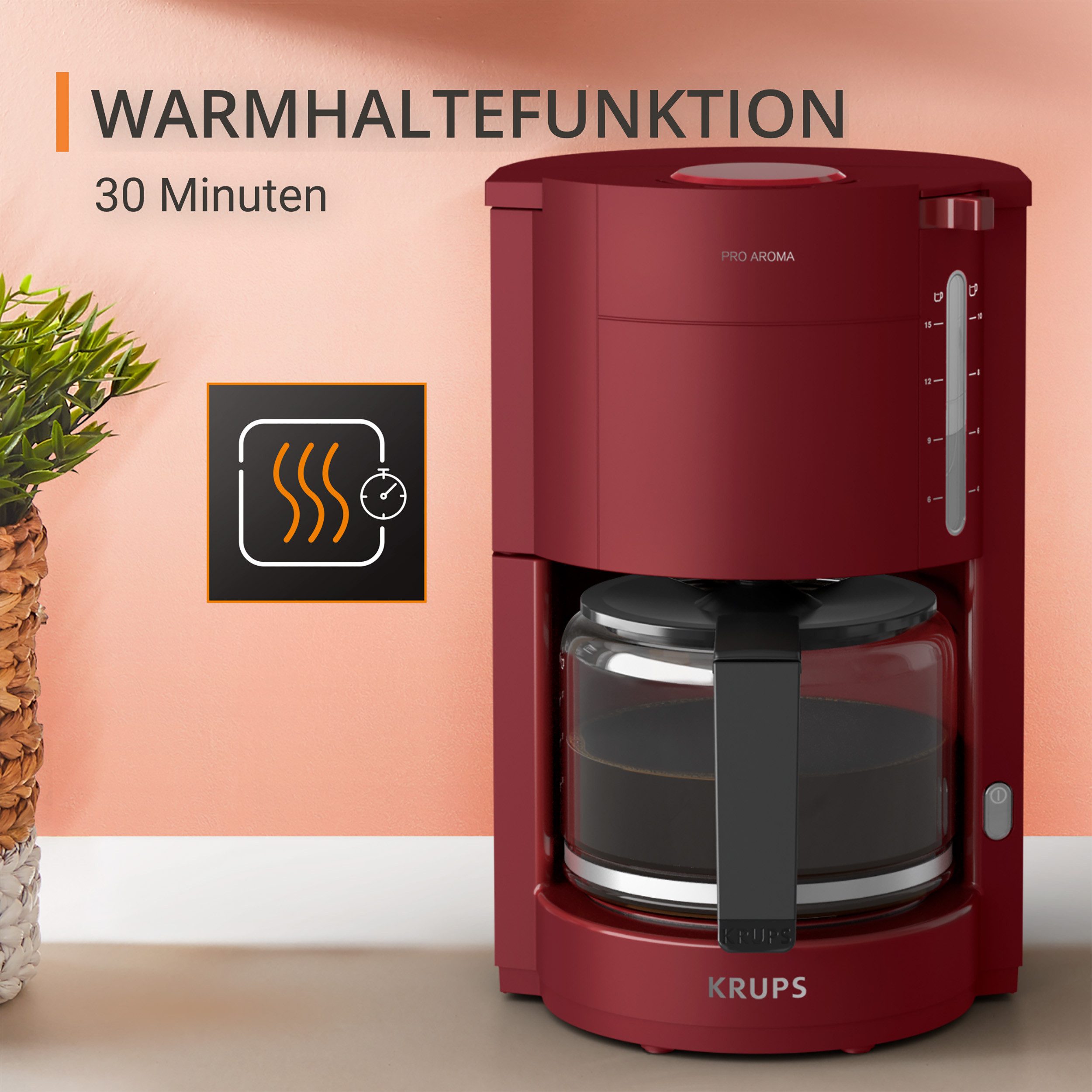 Krups Filterkoffieapparaat F30908 Pro Aroma, met glazen kan, 1,25l capaciteit, 10-15 kopjes, 1050w, zwart