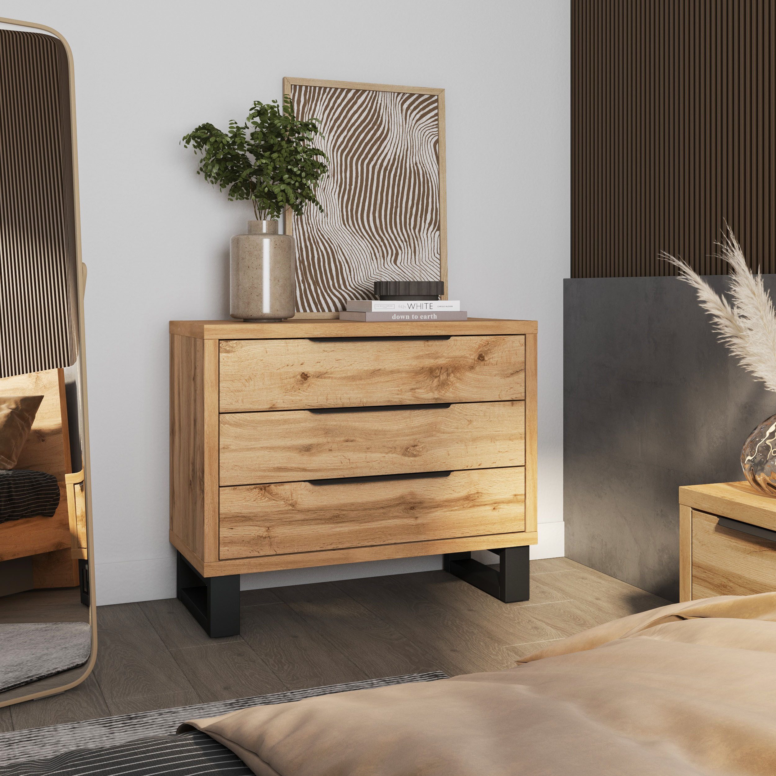 Home affaire Ladekast Bronne, 99,5x83x45cm commode, metalen handgrepen Potens in sledevorm, sideboard met 3 lades, slaapkamercommode
