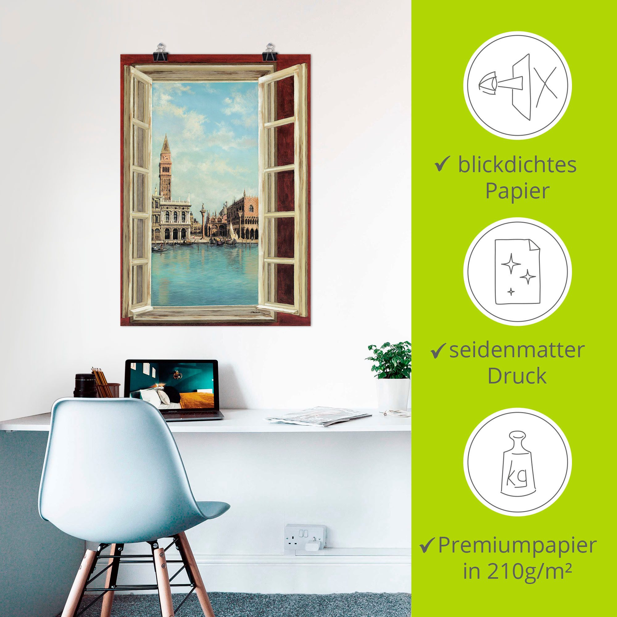 Artland Artprint Raam met uitzicht op Venetië als artprint op linnen, poster, muursticker in verschillende maten