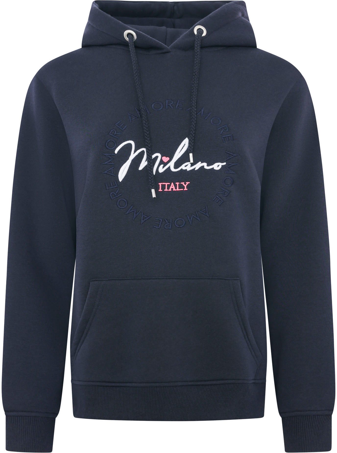 Zwillingsherz Hoodie met "amore"-inscriptie en hartjes op de rug