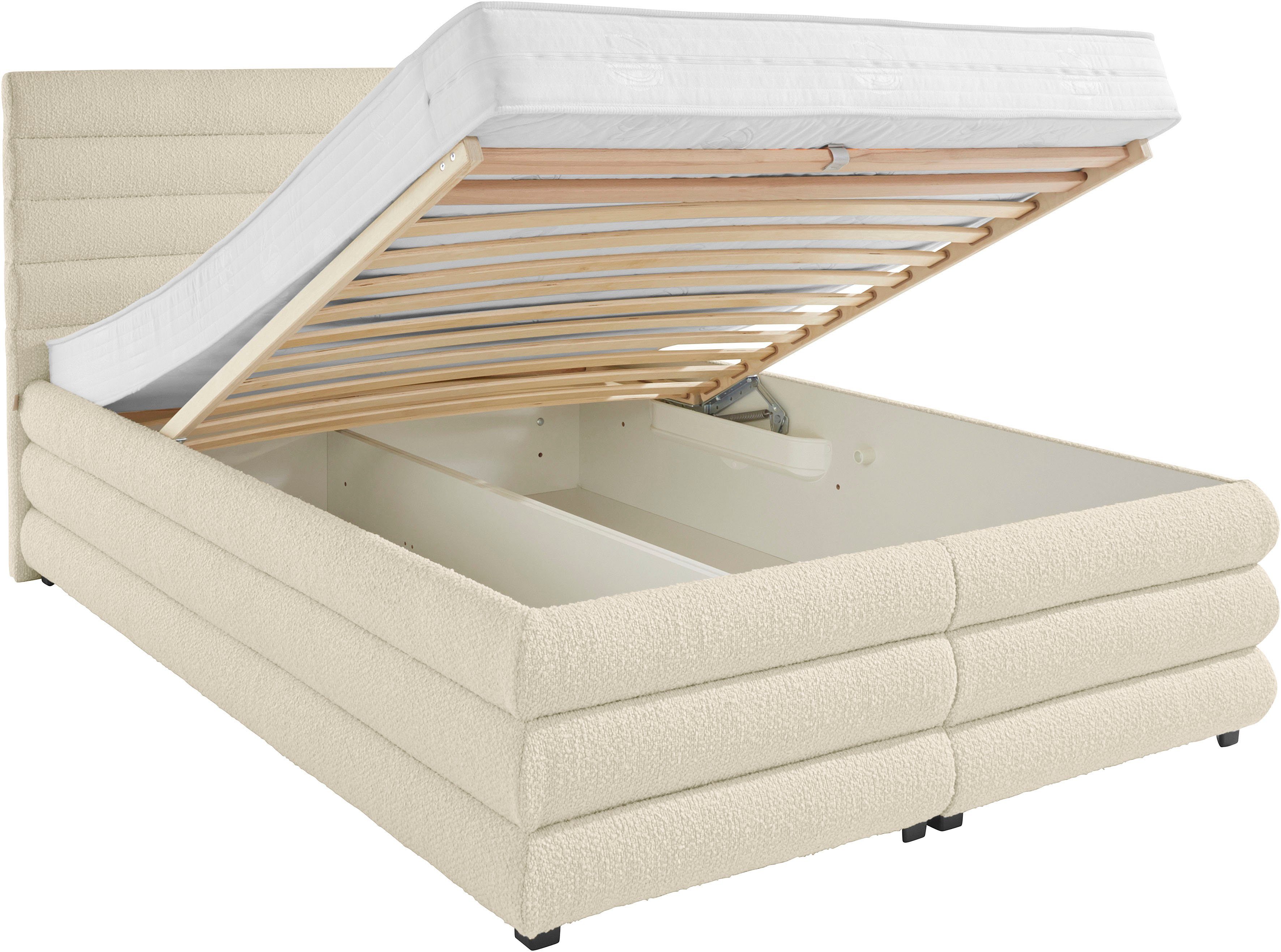 LeGer Home by Lena Gercke Gestoffeerd bed Maylis bouclé naar keuze met en zonder matras en lattenbodem, ook in 200 cm breedte