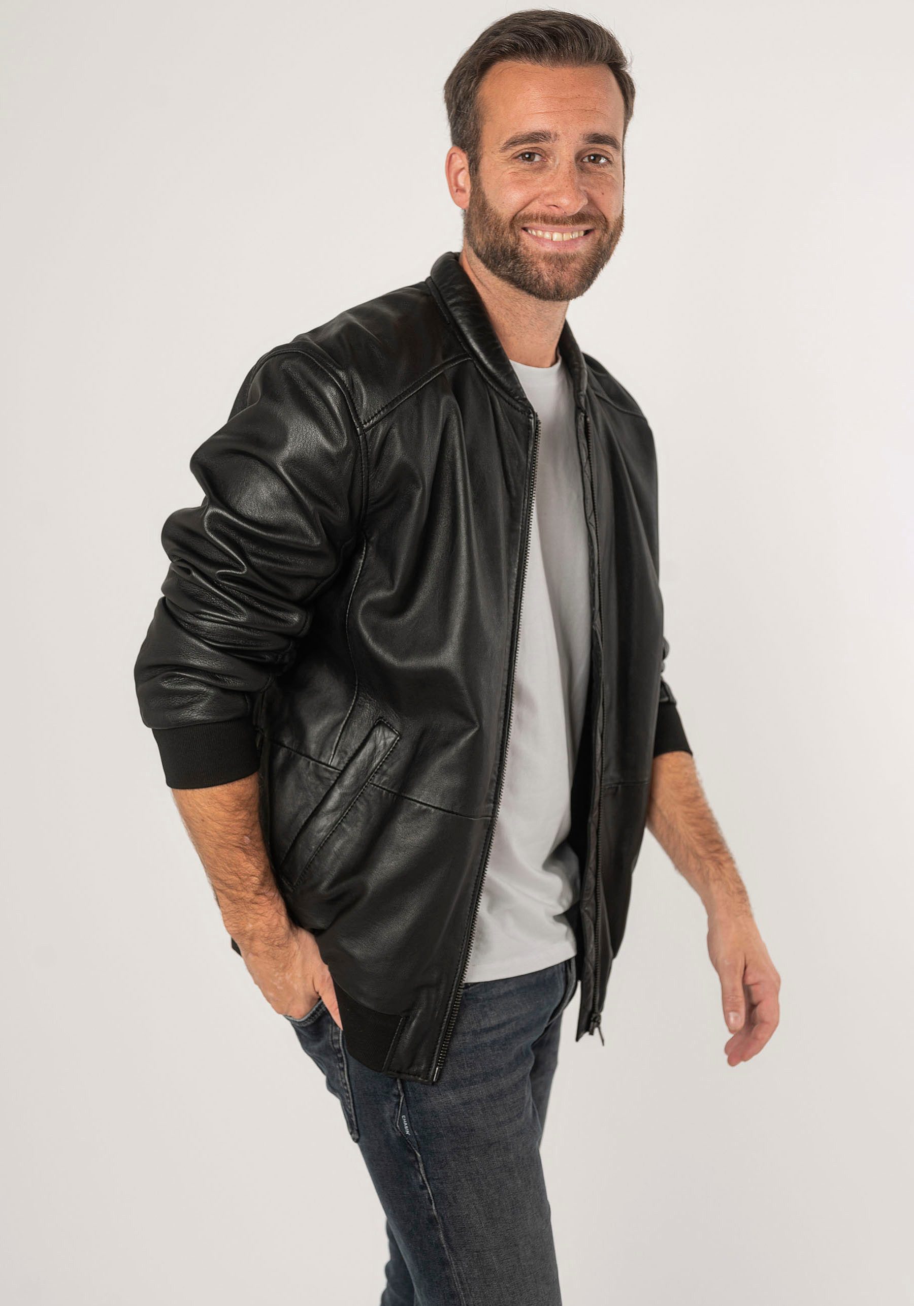 Mauritius Leren jack 2Mkaira OS met rits, gebreide boorden, mouwzak